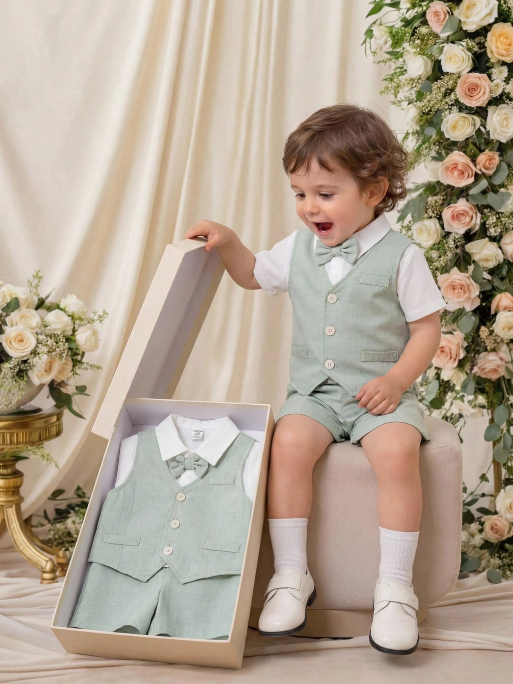 Ensemble trois pièces de costume de gentleman d'été SHEIN pour bébé garçon, vert sauge et bleu