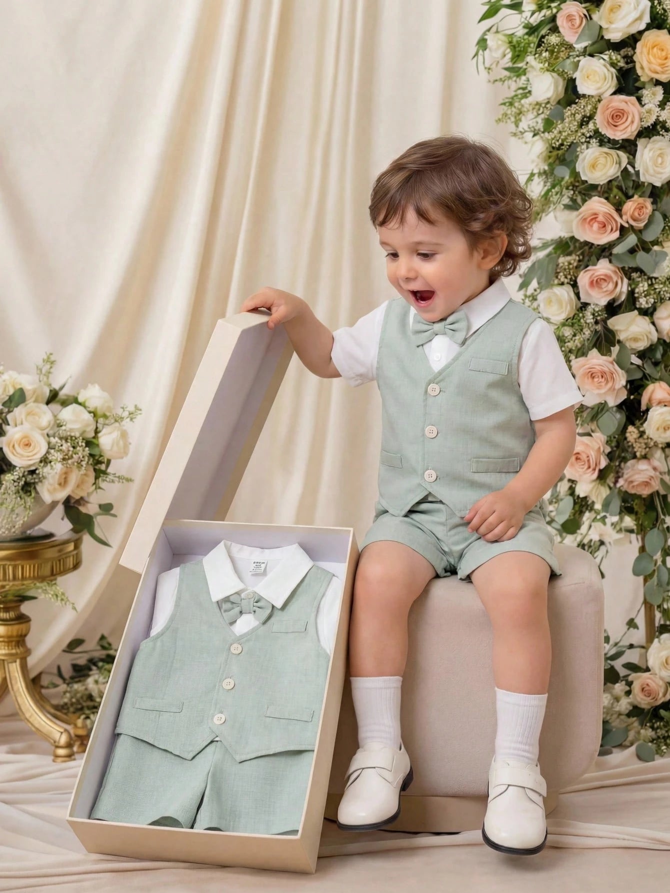 Ensemble trois pièces de costume de gentleman d'été SHEIN pour bébé garçon, vert sauge et bleu