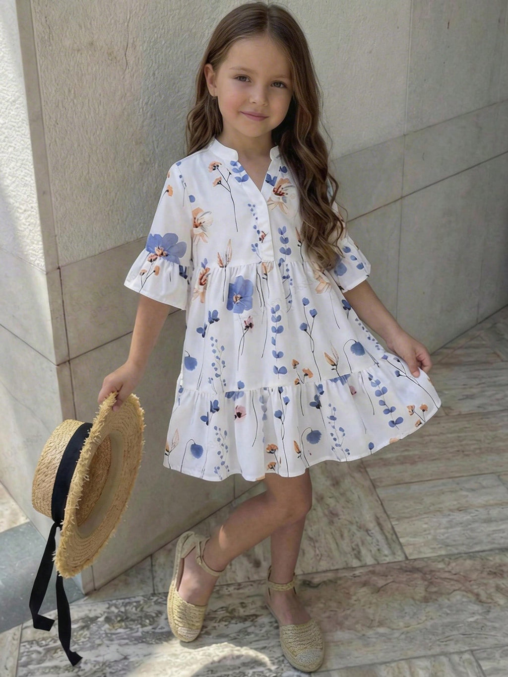 Robe Chemise Fille Mousseline Blanche Floral