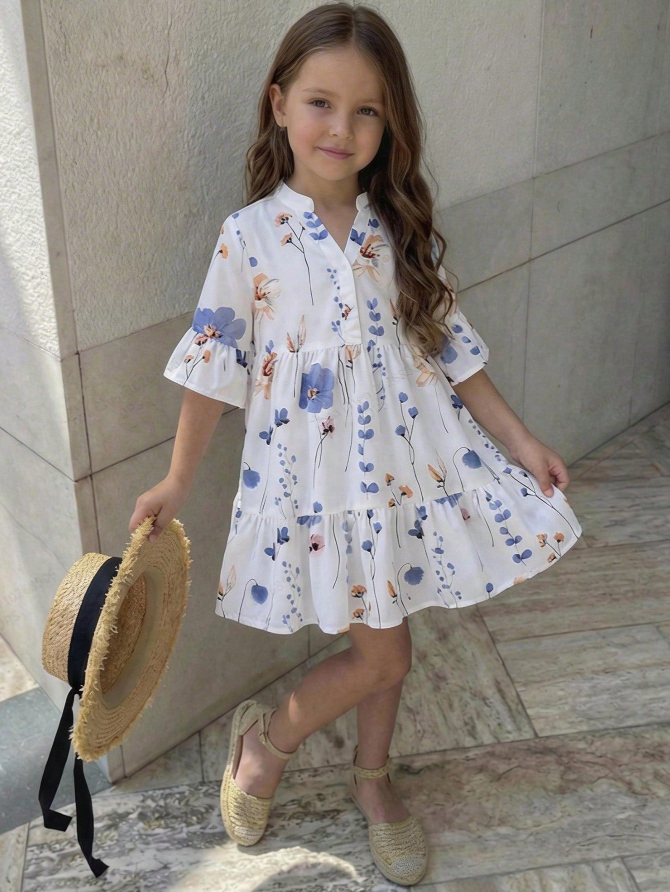 Robe Chemise Fille Mousseline Blanche Floral
