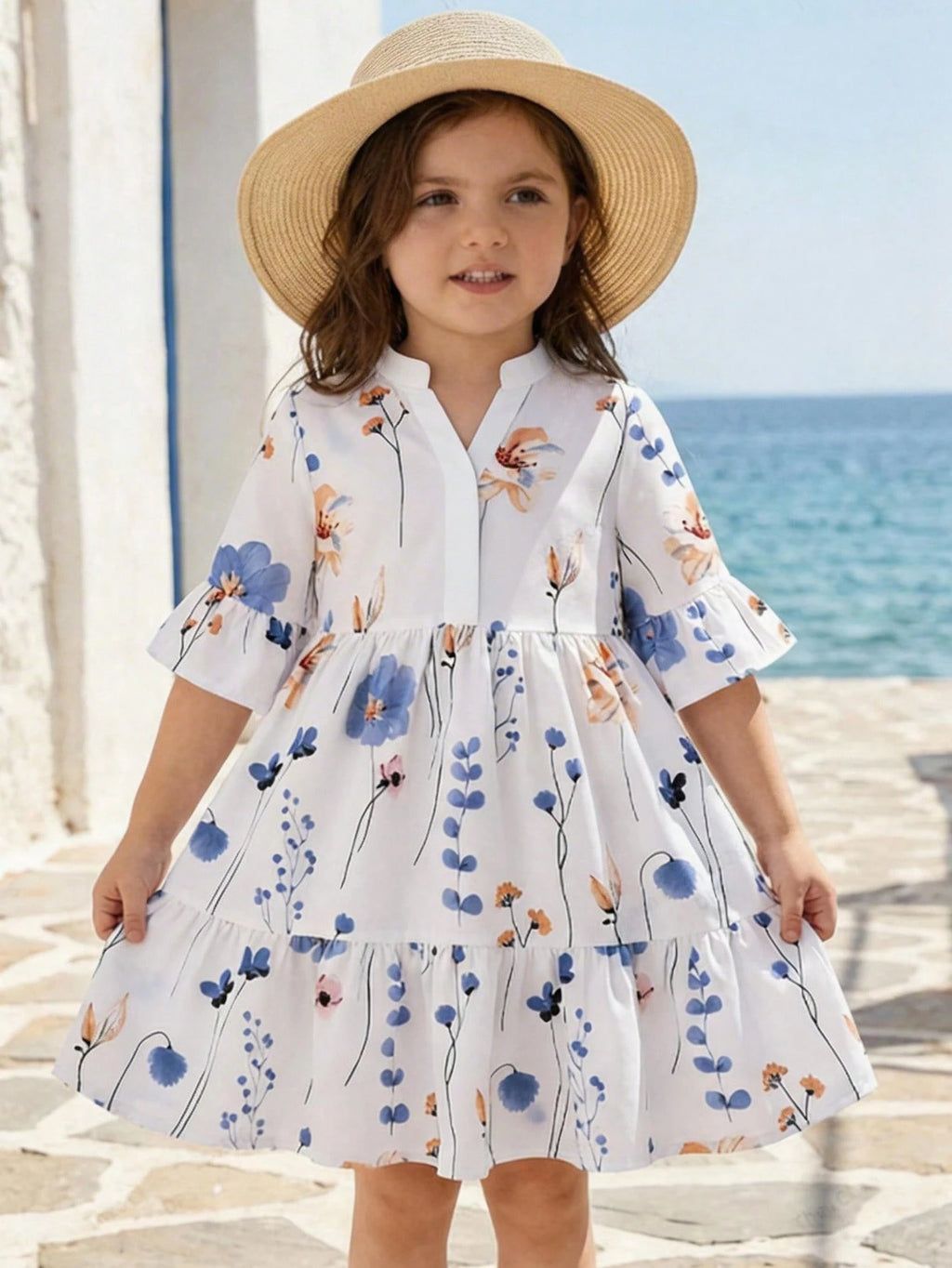 Robe Chemise Fille Mousseline Blanche Floral