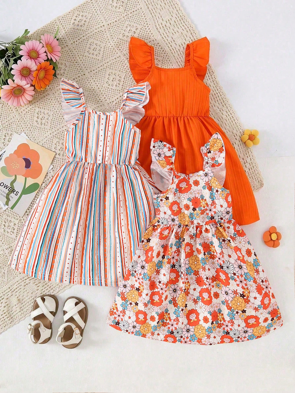 Lot 3 Robes Fille Floral Rayé Uni Col Carré