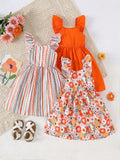 Lot 3 Robes Fille Floral Rayé Uni Col Carré