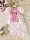 Ensemble 2 pièces T-shirt à manches bouffantes et short à fleurs 3D pour bébé fille SHEIN rose