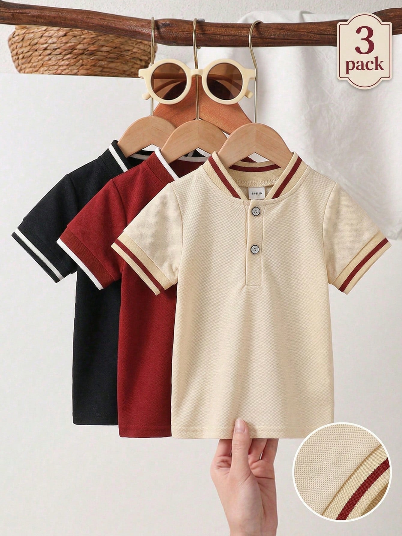 Playful Pals Beige Casual Short Sleeve Polo Shirts 3 Pieces Set Multicolor