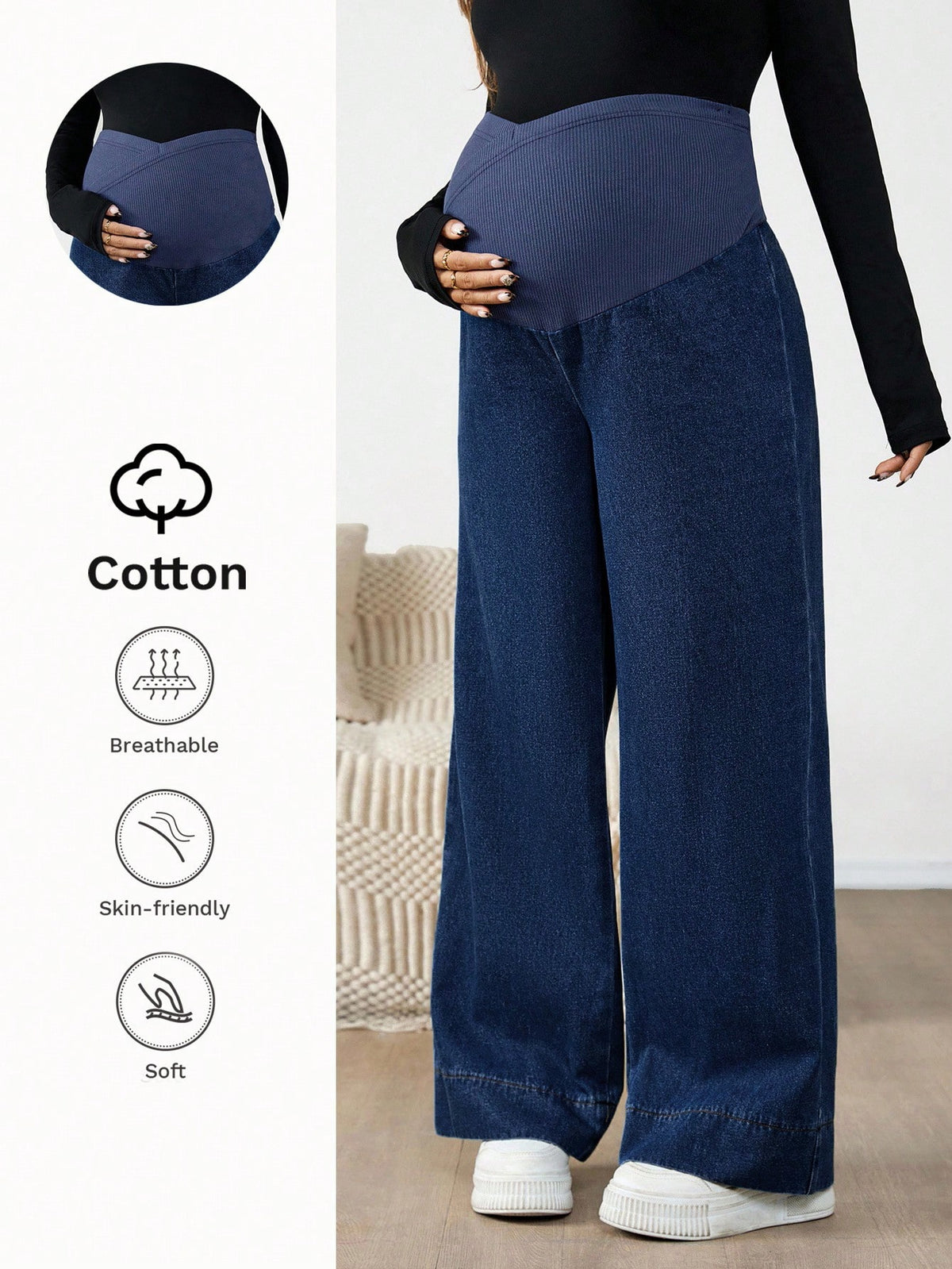 Maternity Dark Wash Over-Belly Patchwork Wide-Leg Denim Jeans