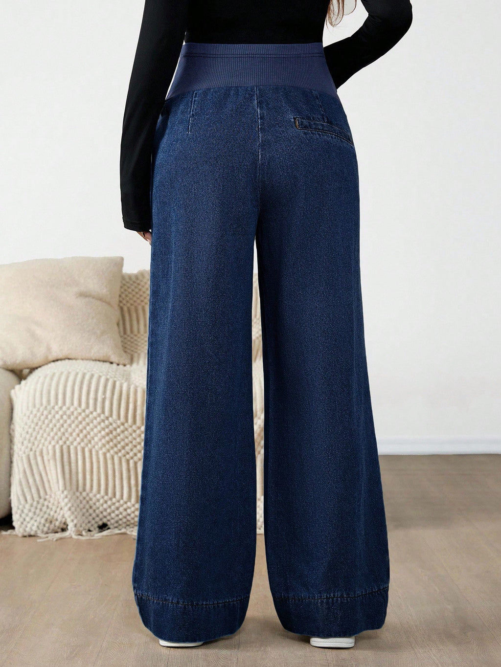 Maternity Dark Wash Over-Belly Patchwork Wide-Leg Denim Jeans