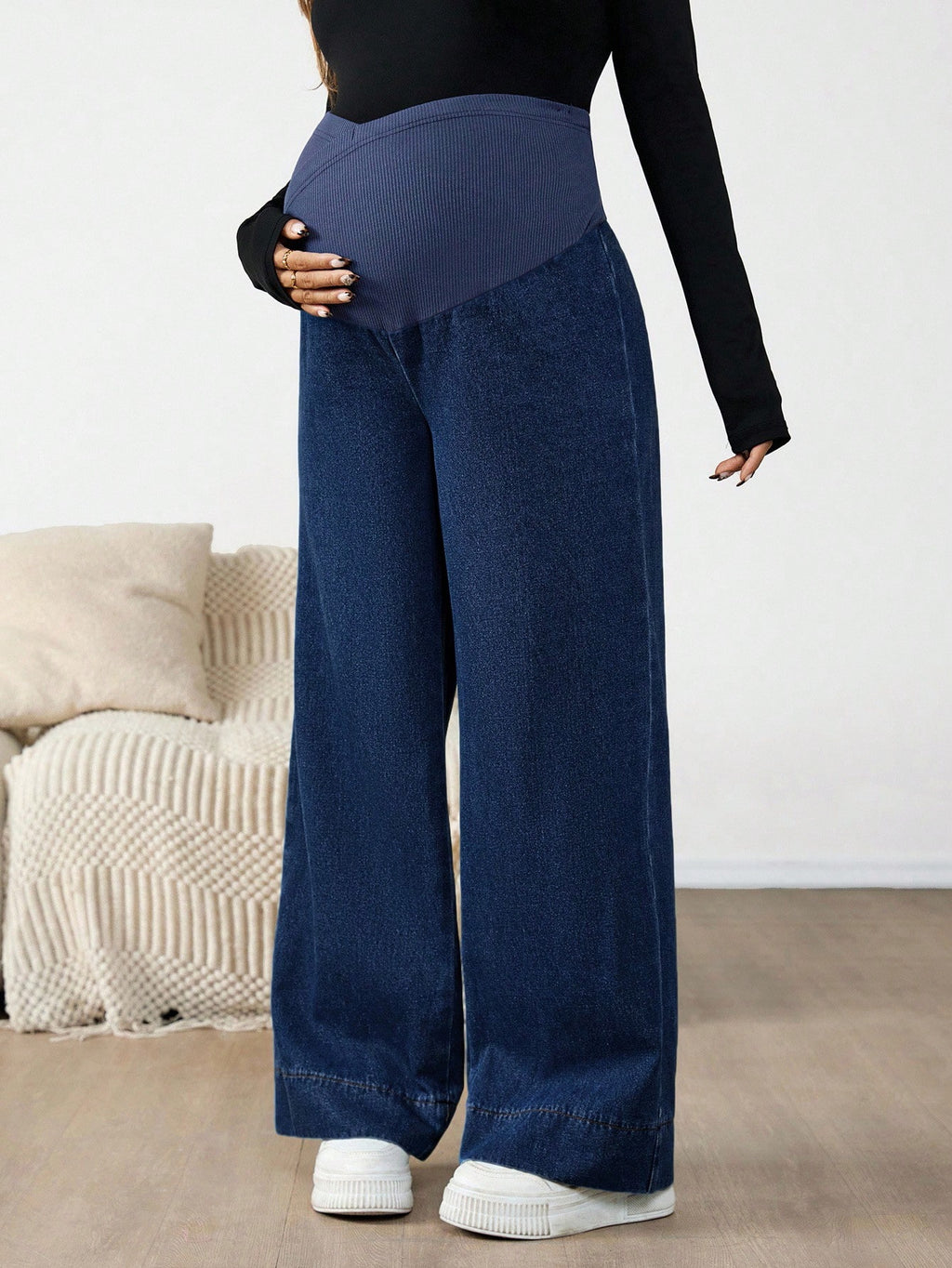 Maternity Dark Wash Over-Belly Patchwork Wide-Leg Denim Jeans