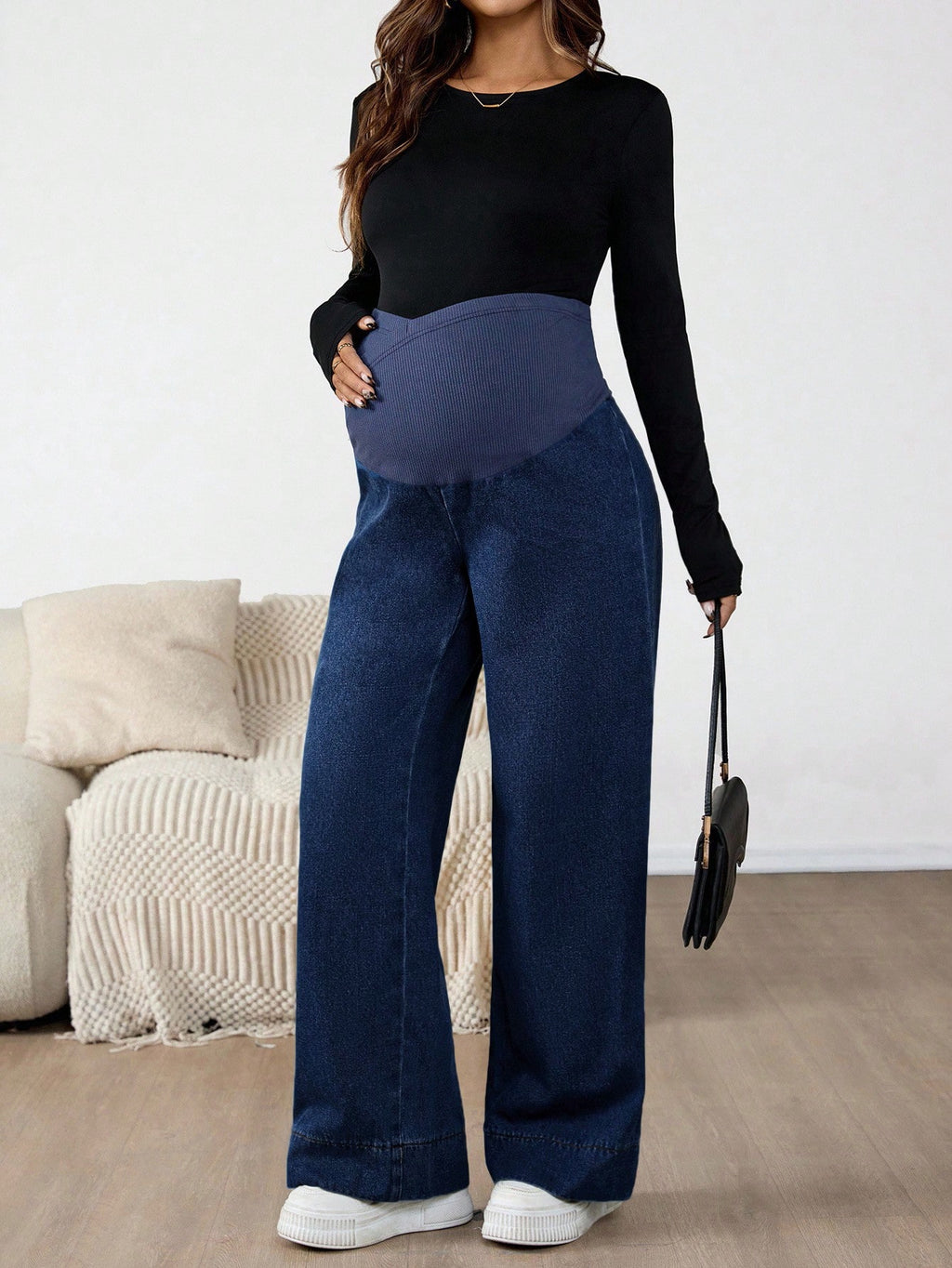 Maternity Dark Wash Over-Belly Patchwork Wide-Leg Denim Jeans