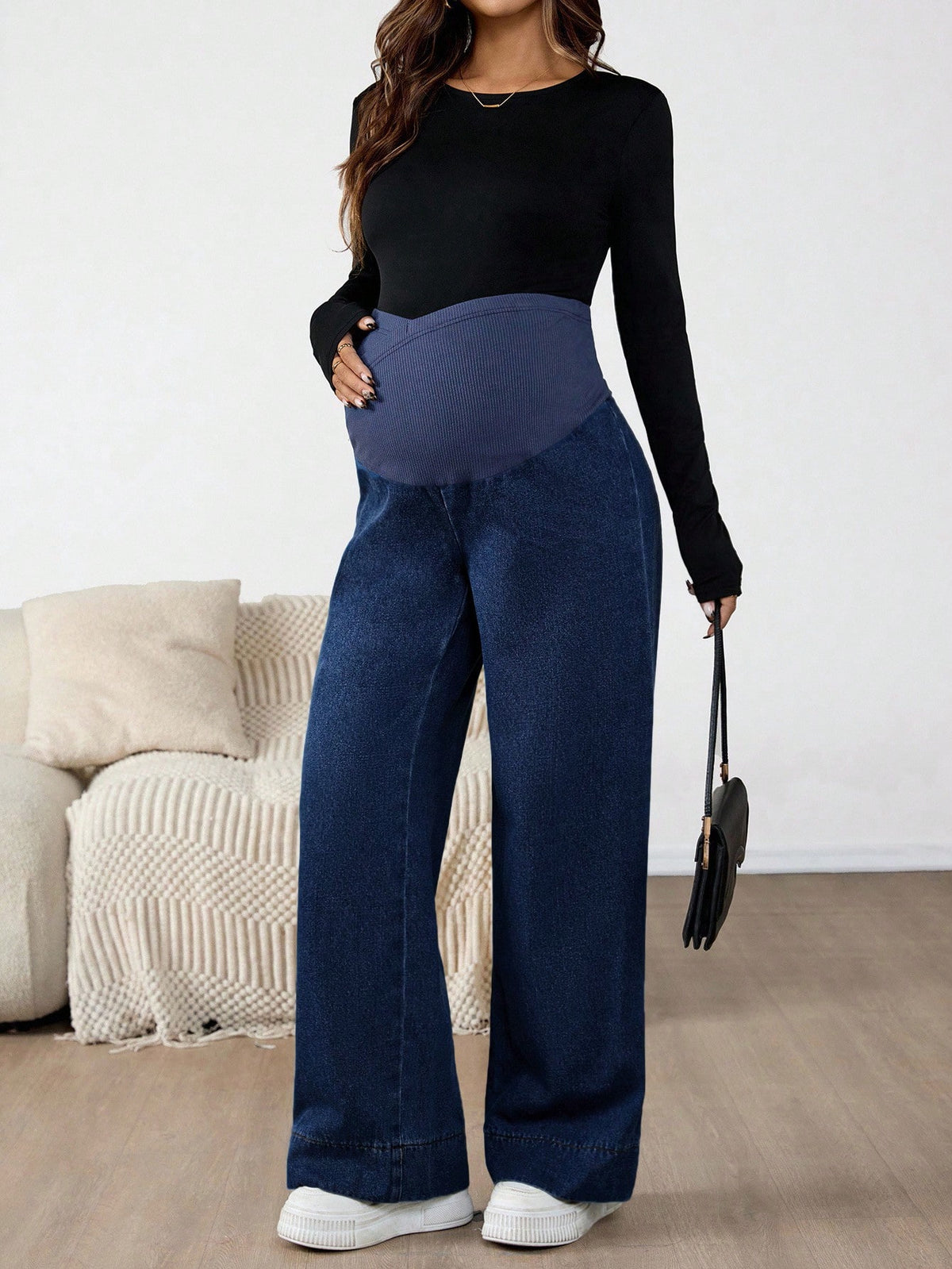Maternity Dark Wash Over-Belly Patchwork Wide-Leg Denim Jeans