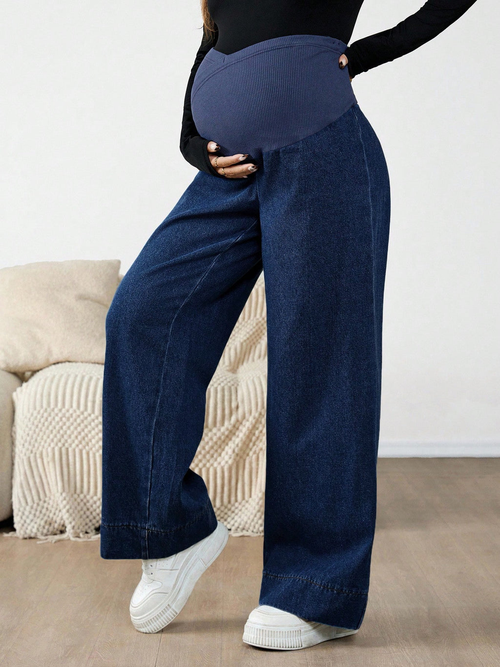 Maternity Dark Wash Over-Belly Patchwork Wide-Leg Denim Jeans