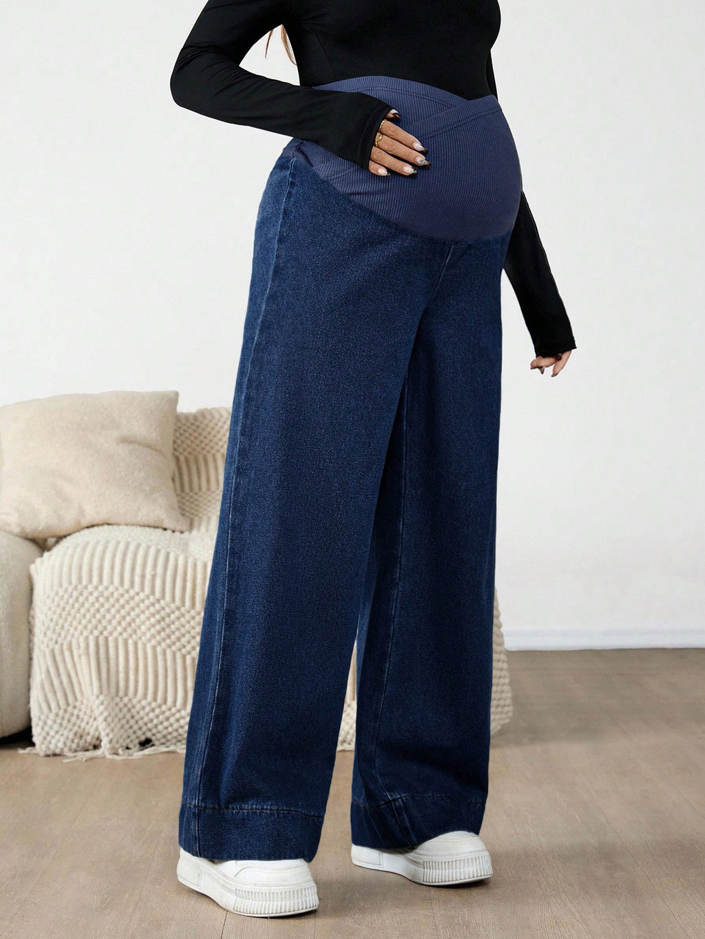 Maternity Dark Wash Over-Belly Patchwork Wide-Leg Denim Jeans
