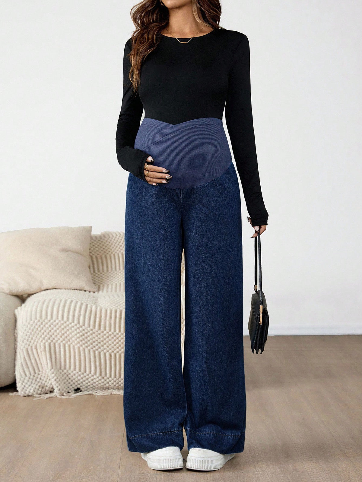 Maternity Dark Wash Over-Belly Patchwork Wide-Leg Denim Jeans