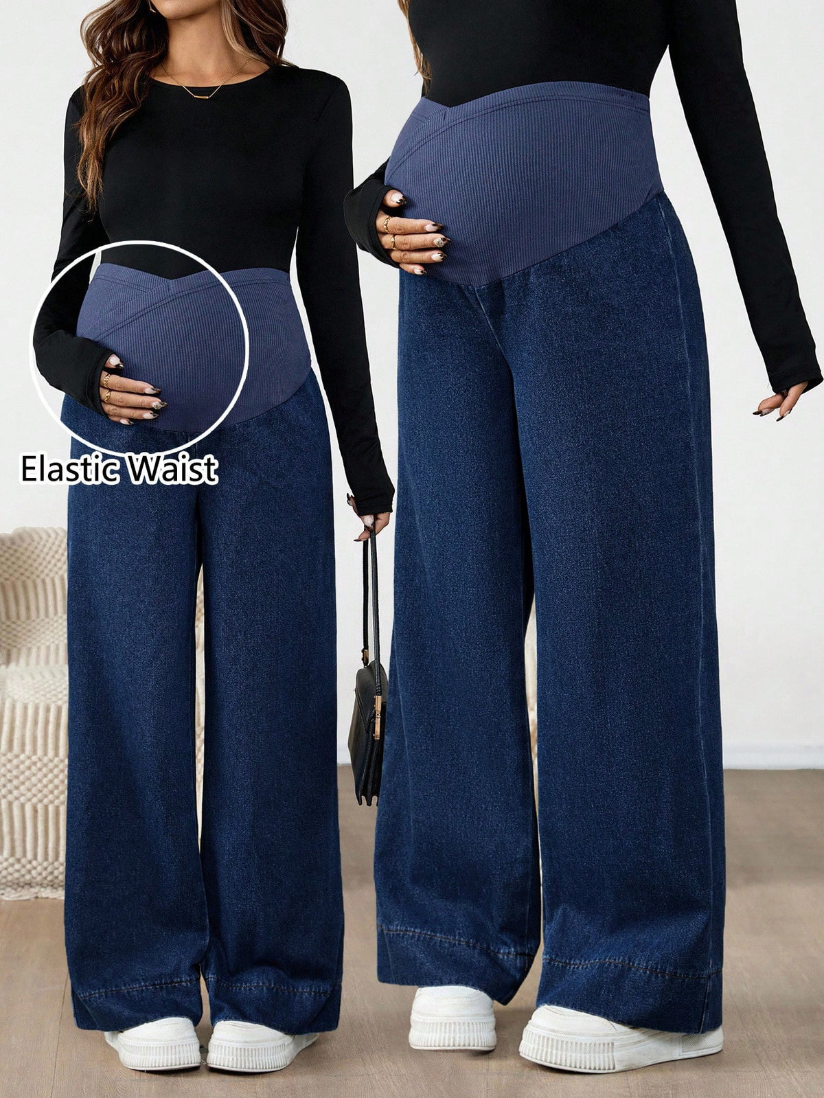 Maternity Dark Wash Over-Belly Patchwork Wide-Leg Denim Jeans