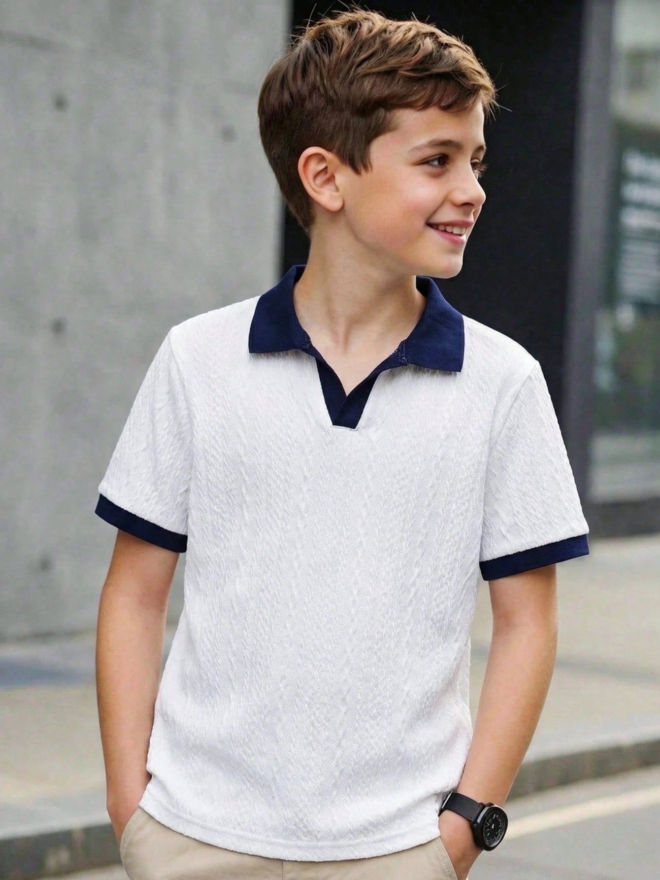 Polo Garçon Marine Blanc Col Texturé