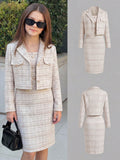 SHEIN 2pcs Girls Elegant Tweed Short Blazer Jacket + Sleeveless Fitted Dress Suit Set, Stylish Outfit For Spring & Autumn Coffee Brown