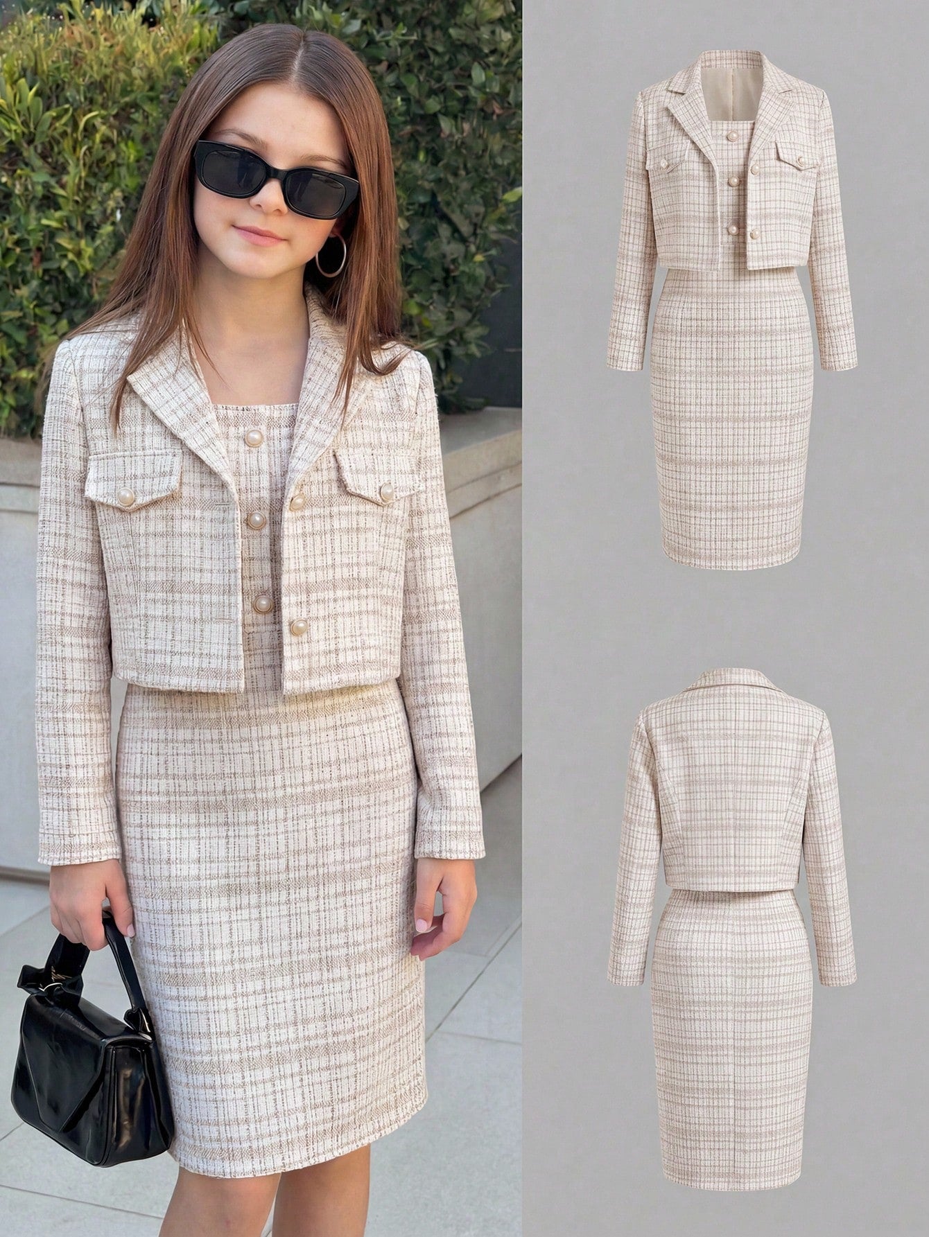 SHEIN 2pcs Girls Elegant Tweed Short Blazer Jacket + Sleeveless Fitted Dress Suit Set, Stylish Outfit For Spring & Autumn Coffee Brown