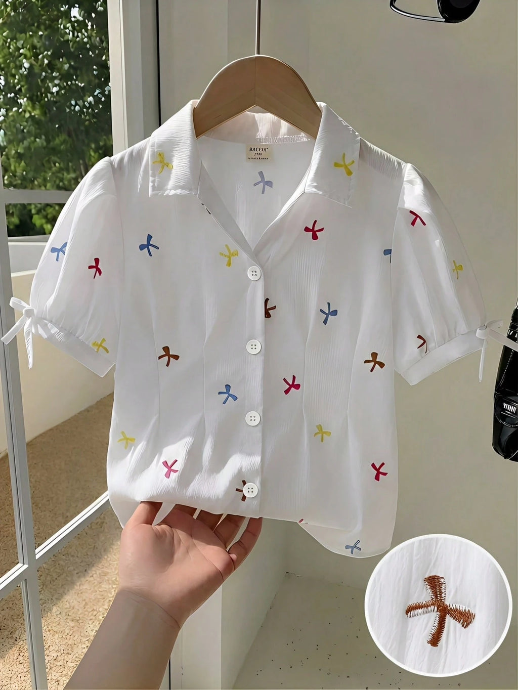 Girls' White Striped Bow Tie Shirt