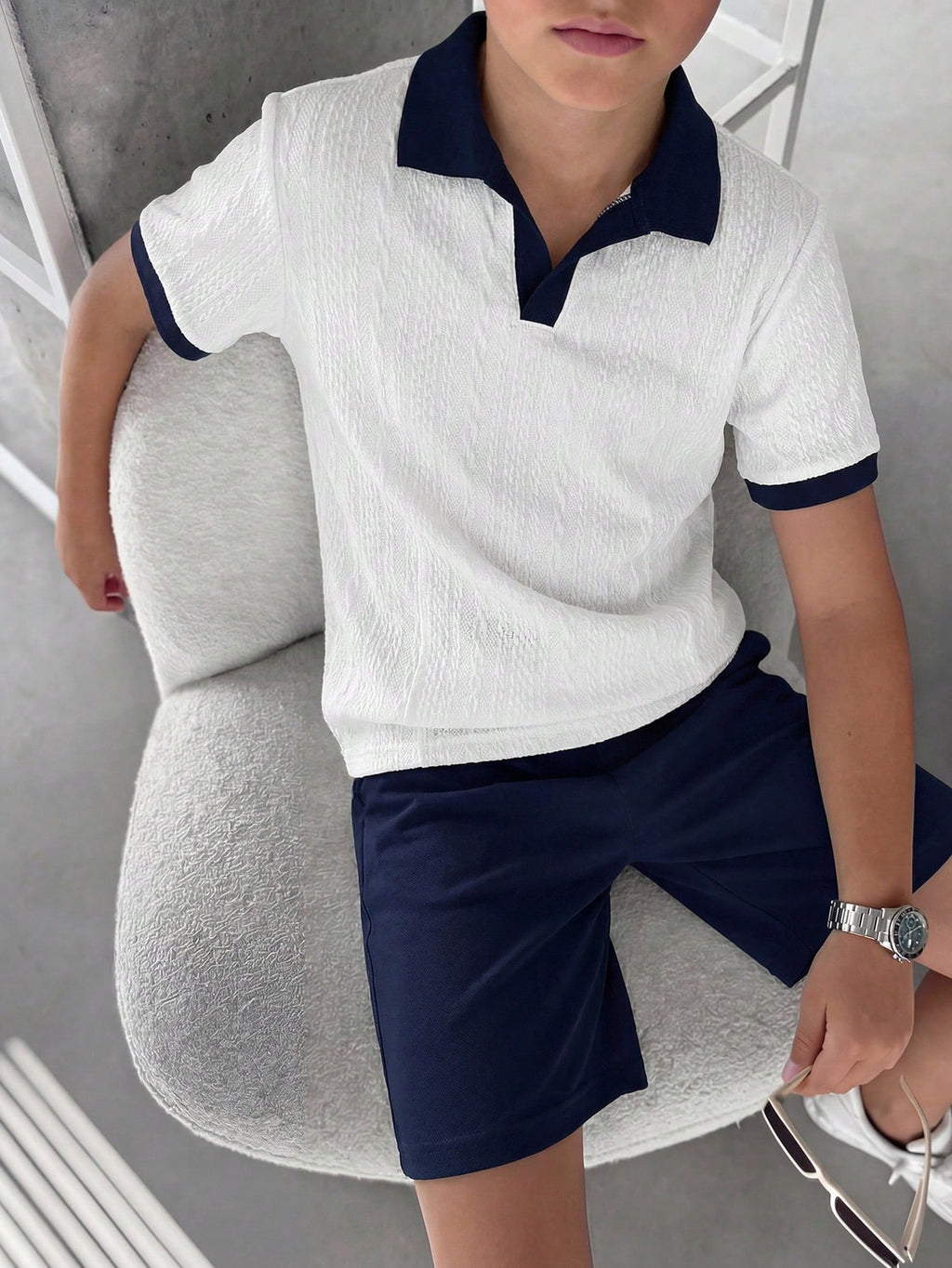 Polo Garçon Marine Blanc Col Texturé