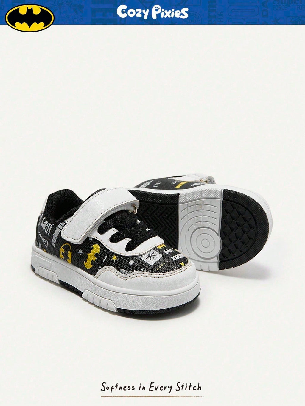 BATMAN x Cozy Pixies Baby Boys' Low-Top Hook & Loop Sneakers with Anti-Collision Toe