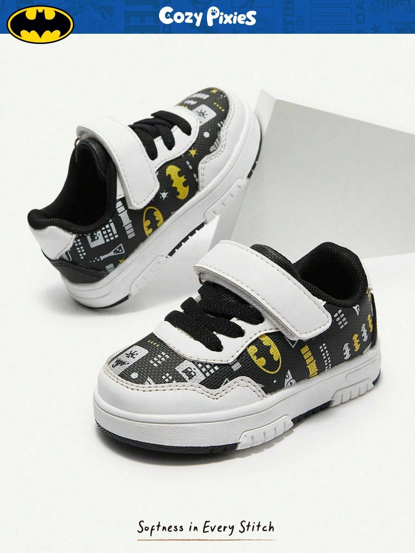 BATMAN x Cozy Pixies Baby Boys' Low-Top Hook & Loop Sneakers with Anti-Collision Toe