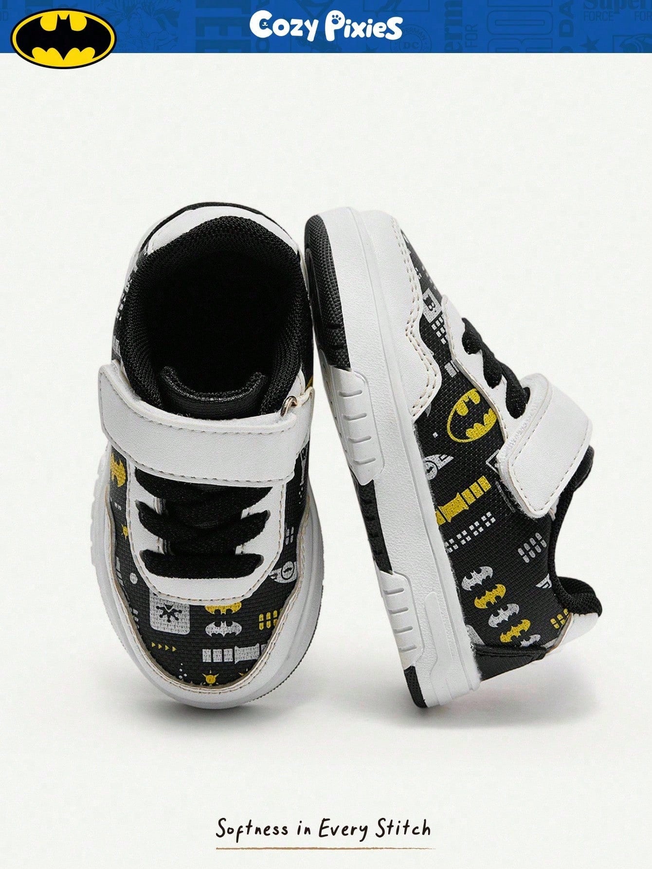 BATMAN x Cozy Pixies Baby Boys' Low-Top Hook & Loop Sneakers with Anti-Collision Toe