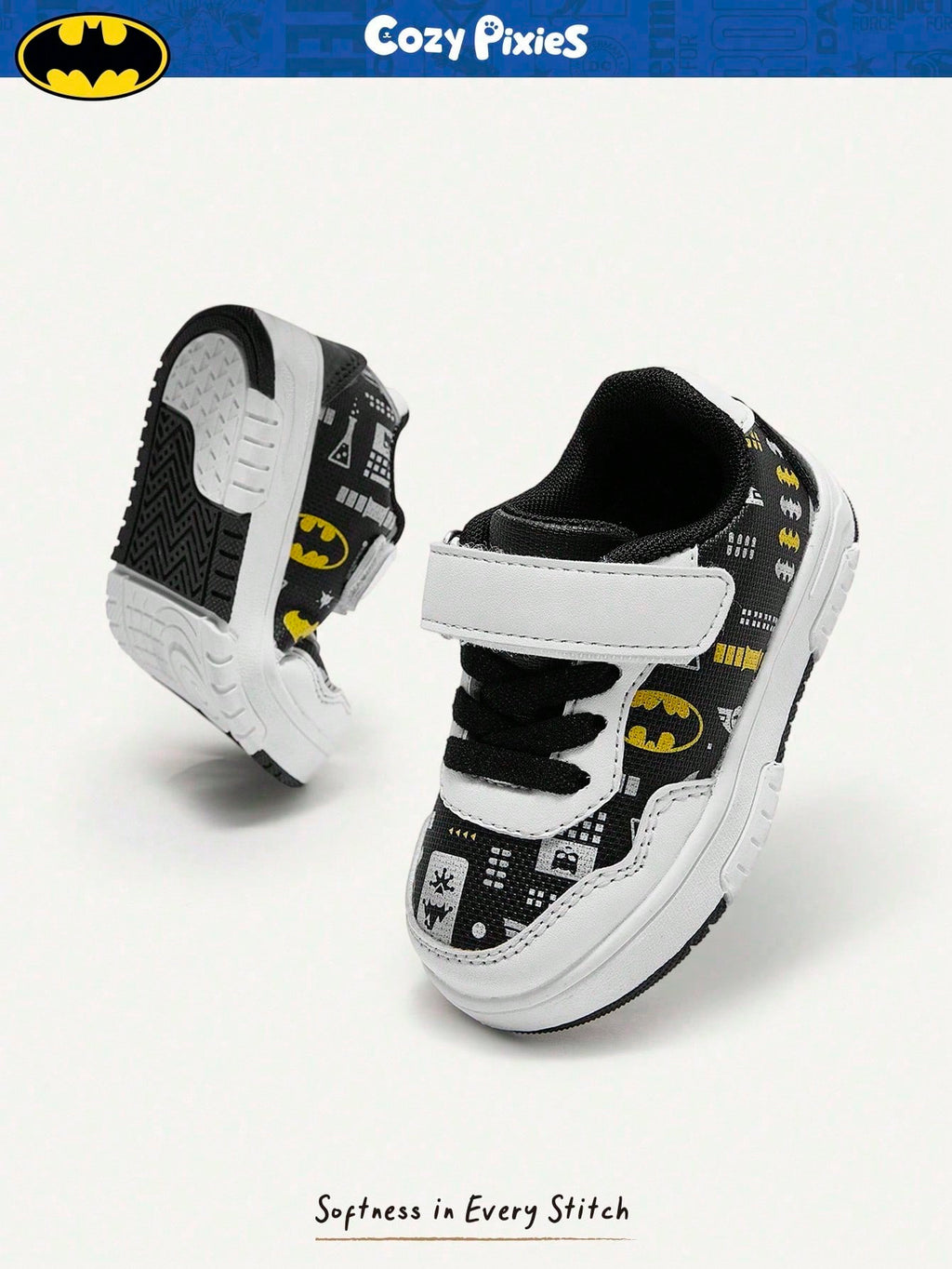 BATMAN x Cozy Pixies Baby Boys' Low-Top Hook & Loop Sneakers with Anti-Collision Toe