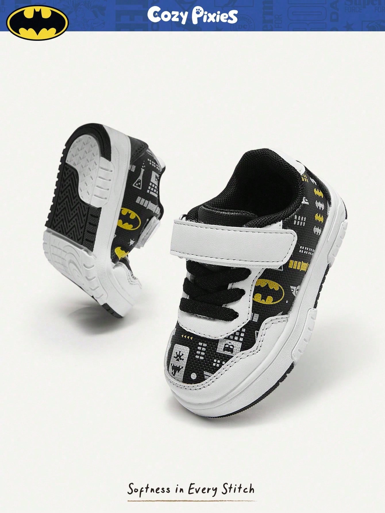 BATMAN x Cozy Pixies Baby Boys' Low-Top Hook & Loop Sneakers with Anti-Collision Toe