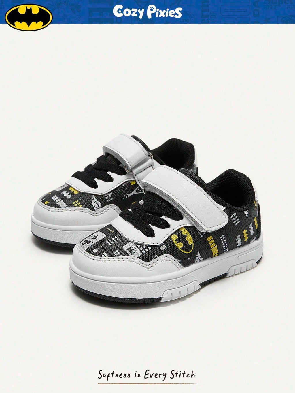 BATMAN x Cozy Pixies Baby Boys' Low-Top Hook & Loop Sneakers with Anti-Collision Toe