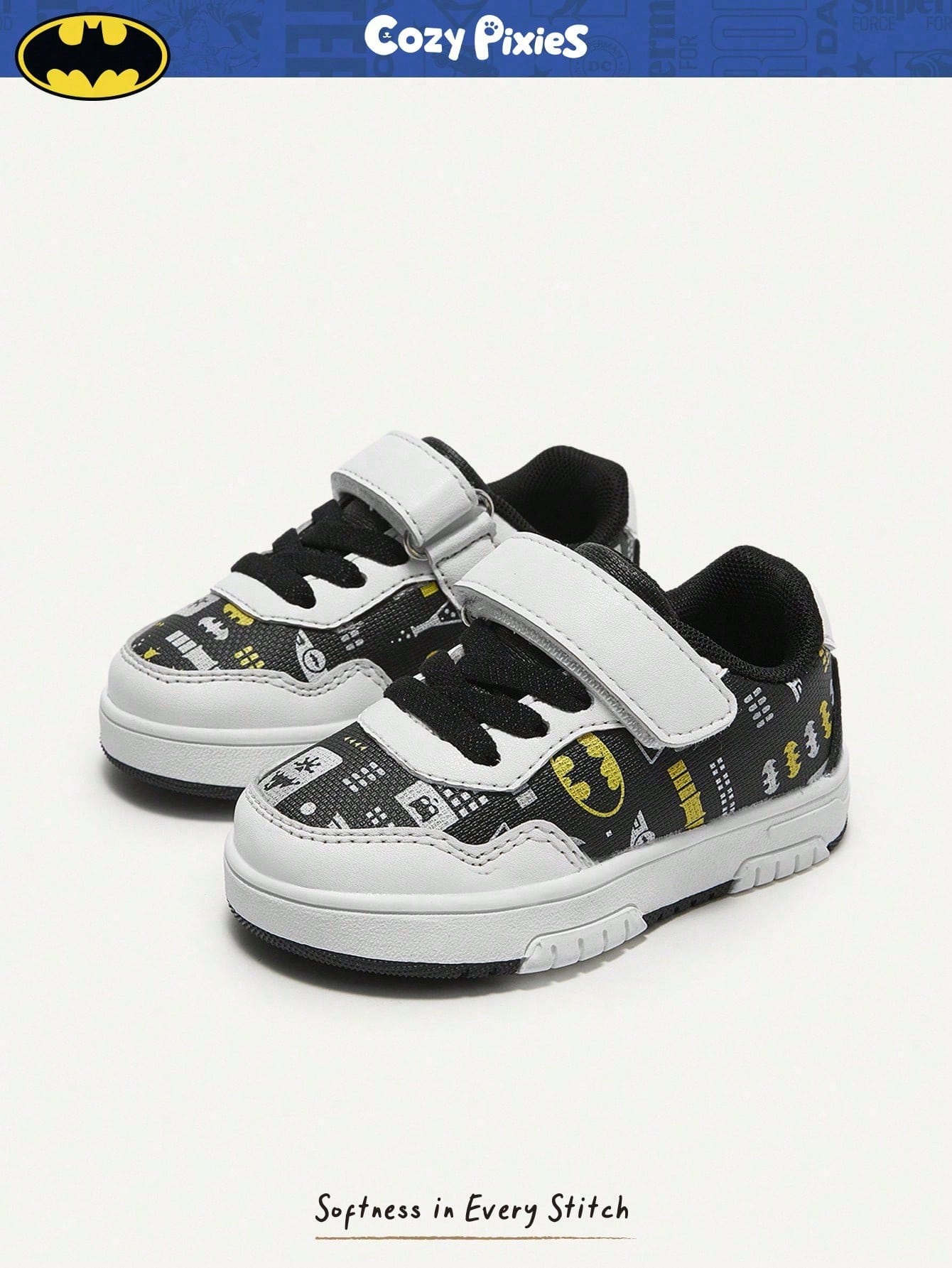BATMAN x Cozy Pixies Baby Boys' Low-Top Hook & Loop Sneakers with Anti-Collision Toe