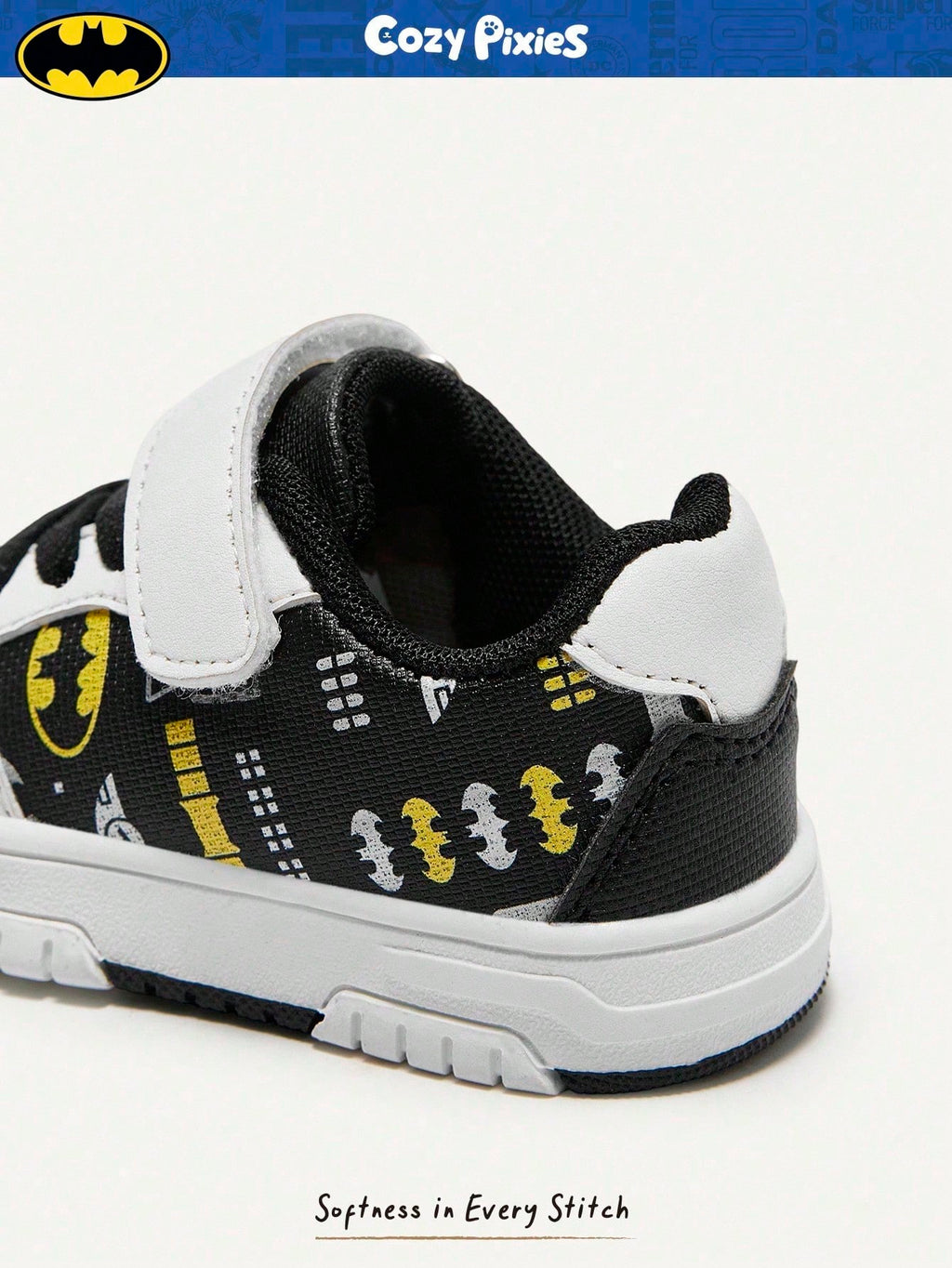 BATMAN x Cozy Pixies Baby Boys' Low-Top Hook & Loop Sneakers with Anti-Collision Toe