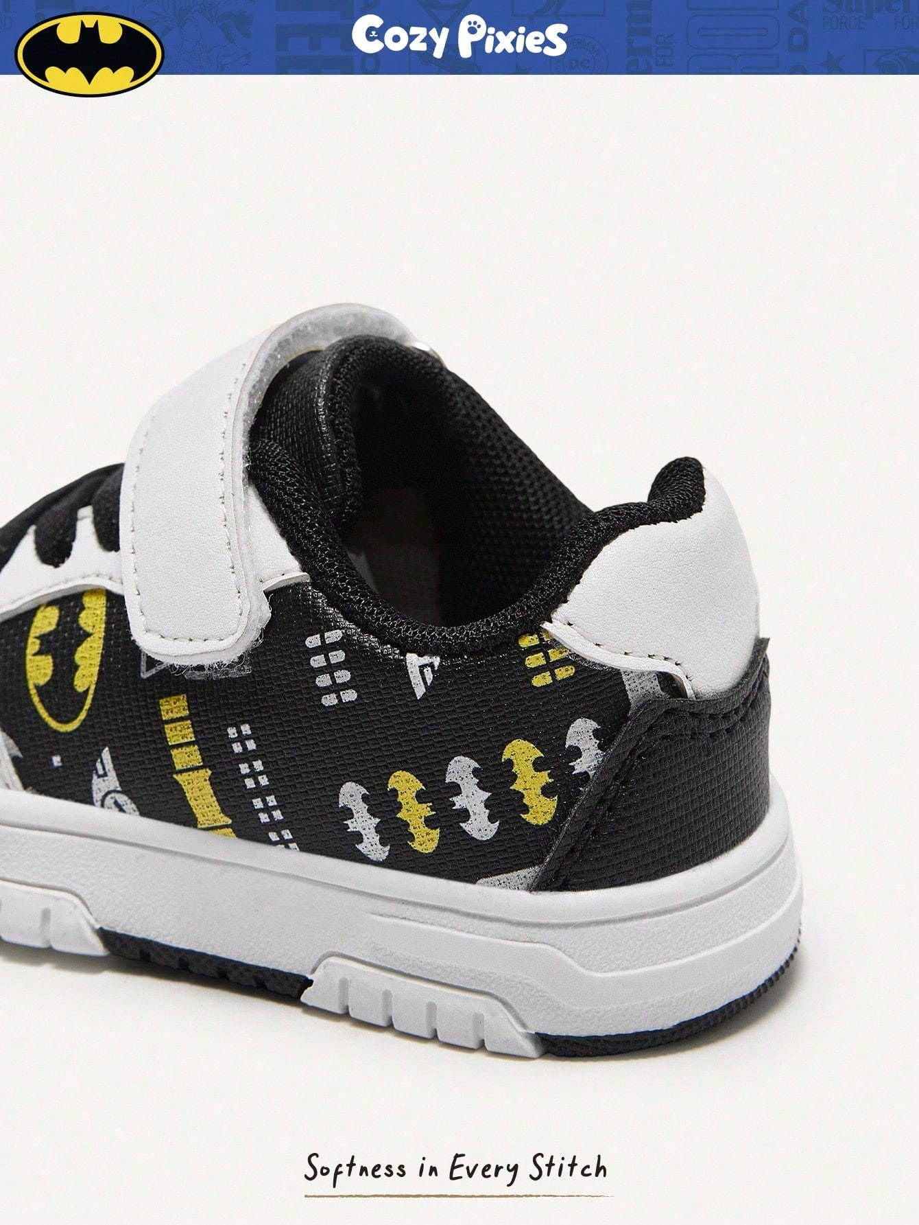 BATMAN x Cozy Pixies Baby Boys' Low-Top Hook & Loop Sneakers with Anti-Collision Toe