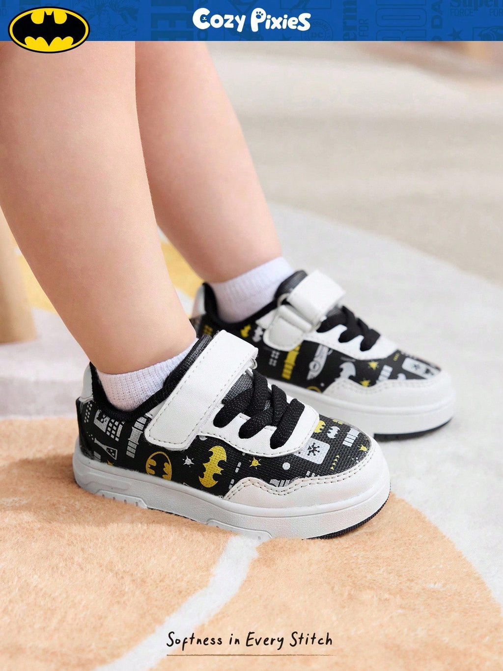 BATMAN x Cozy Pixies Baby Boys' Low-Top Hook & Loop Sneakers with Anti-Collision Toe