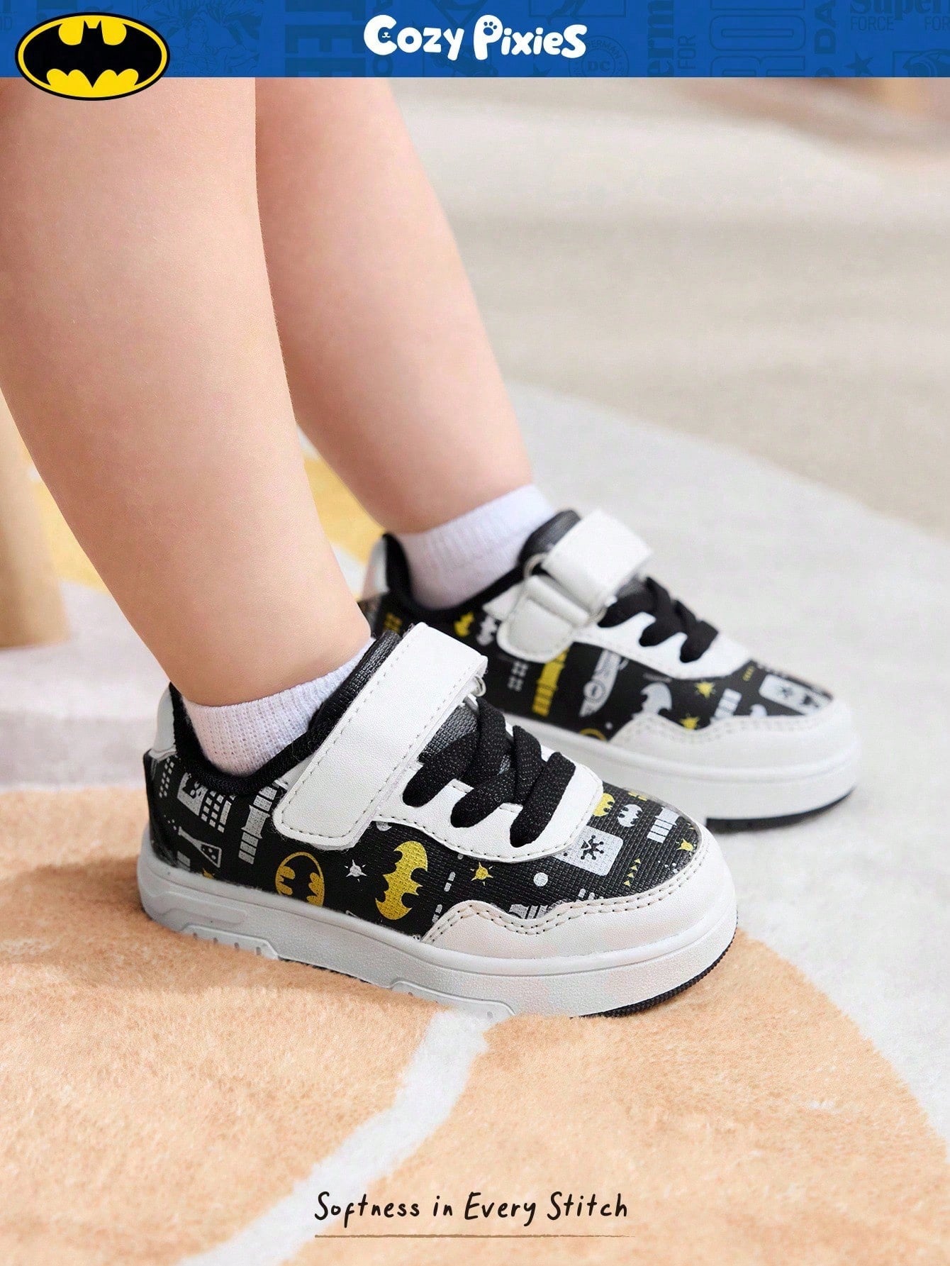 BATMAN x Cozy Pixies Baby Boys' Low-Top Hook & Loop Sneakers with Anti-Collision Toe