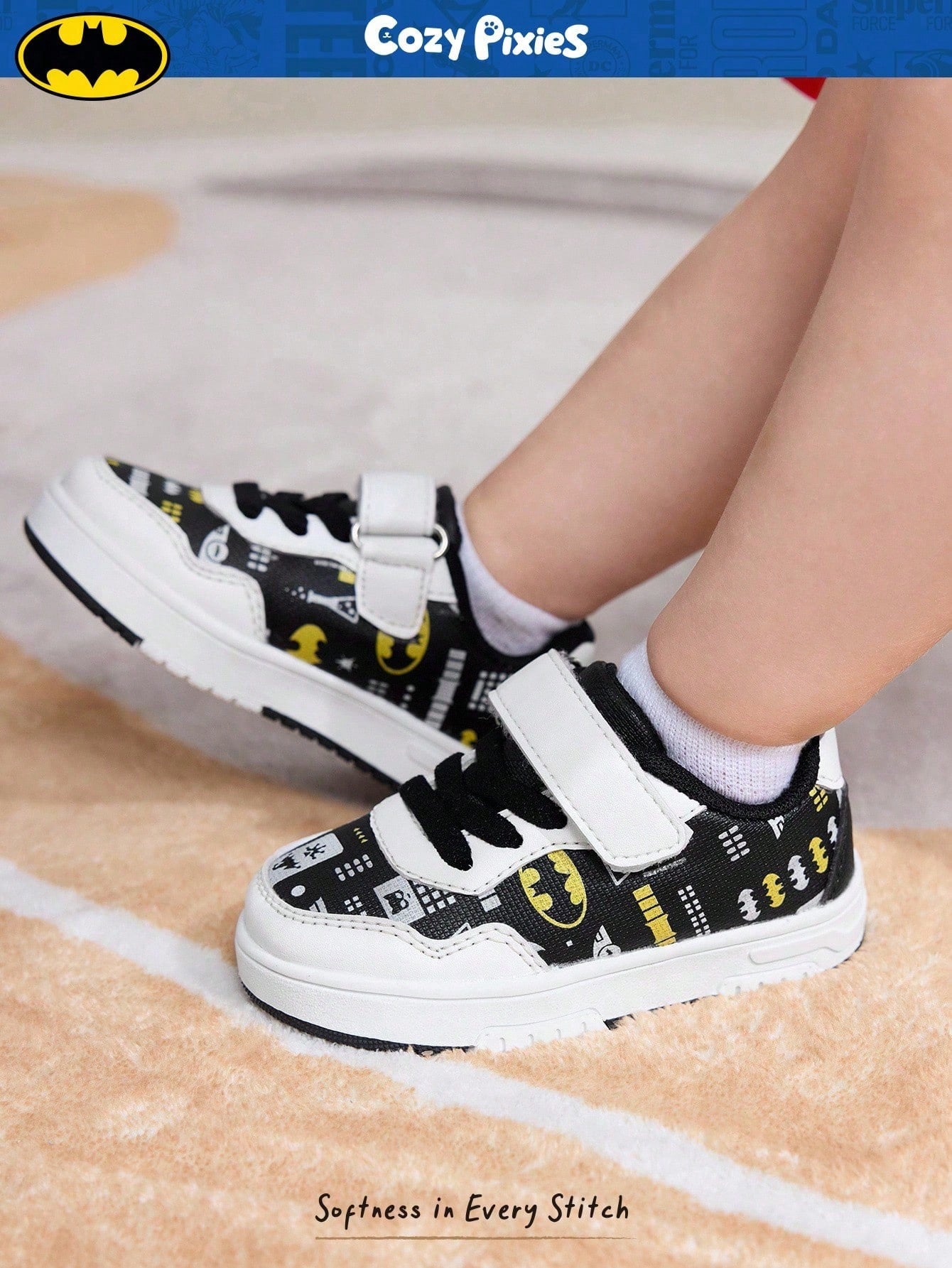BATMAN x Cozy Pixies Baby Boys' Low-Top Hook & Loop Sneakers with Anti-Collision Toe