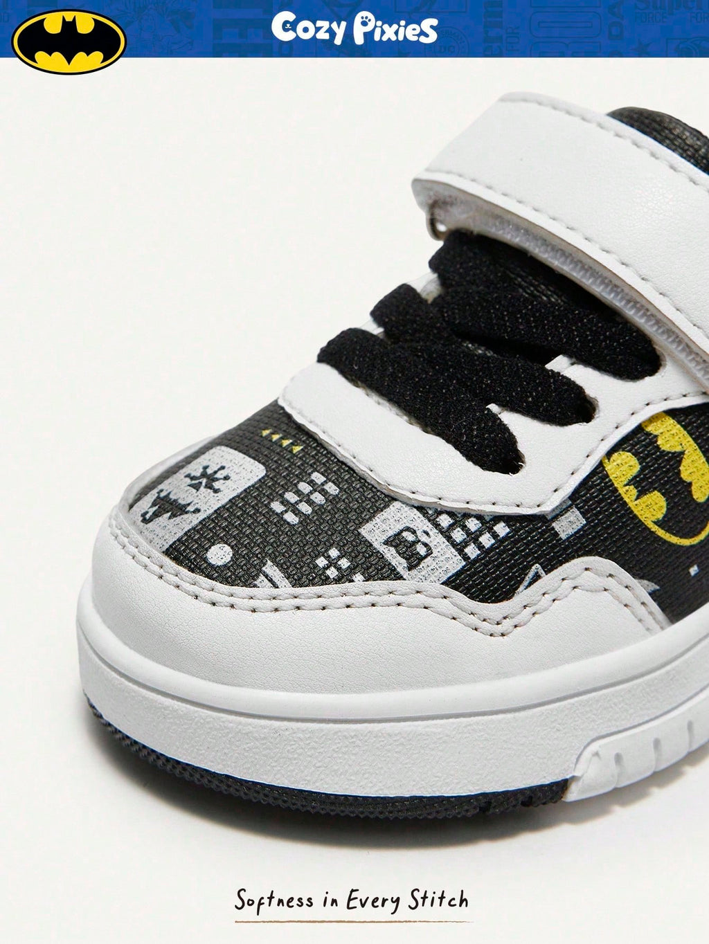BATMAN x Cozy Pixies Baby Boys' Low-Top Hook & Loop Sneakers with Anti-Collision Toe