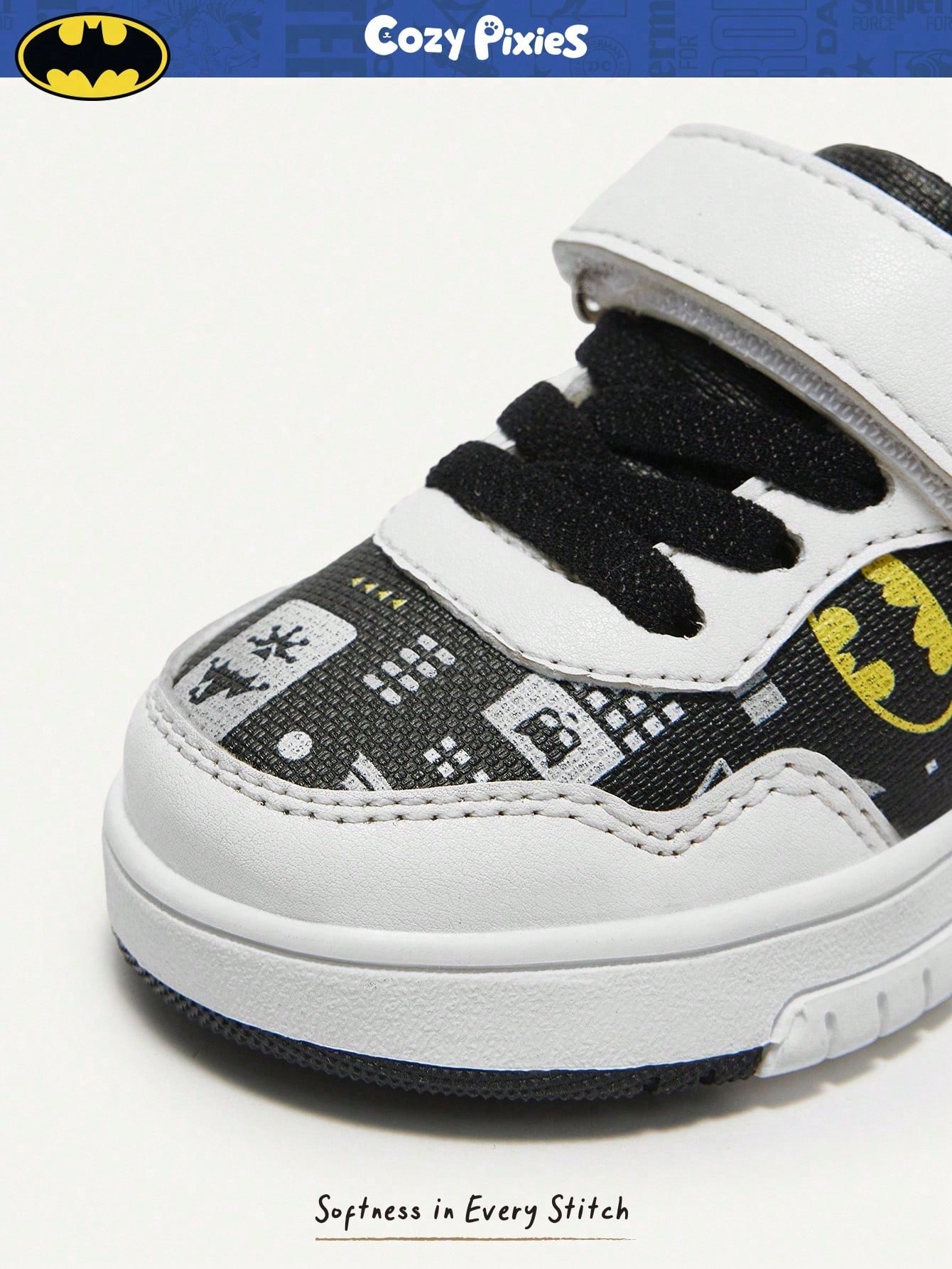 BATMAN x Cozy Pixies Baby Boys' Low-Top Hook & Loop Sneakers with Anti-Collision Toe