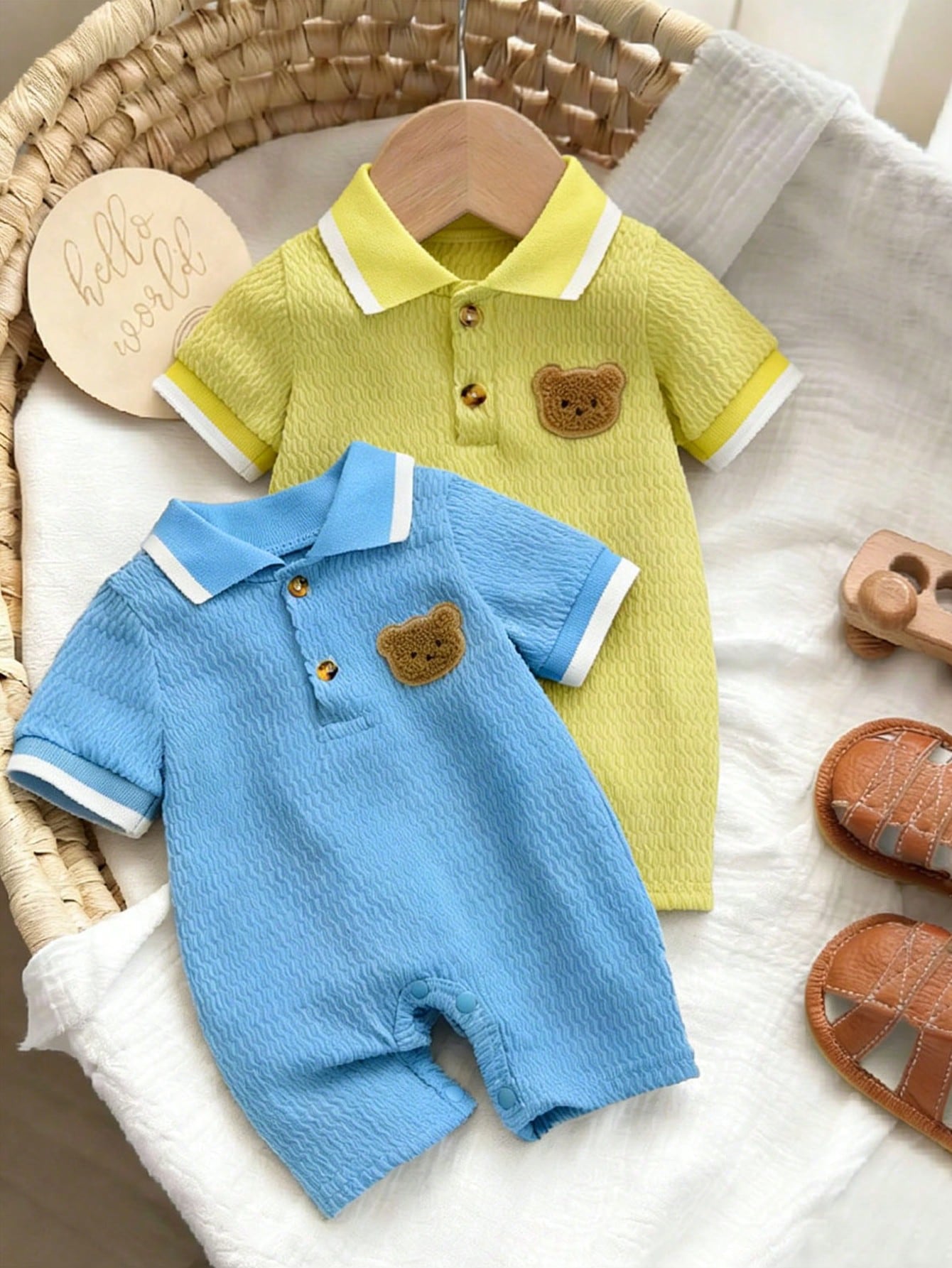 2pcs/Set Newborn Baby Boys' Summer Polo Collar Embroidered Bear Jacquard Solid Color Short Sleeve Romper Yellow