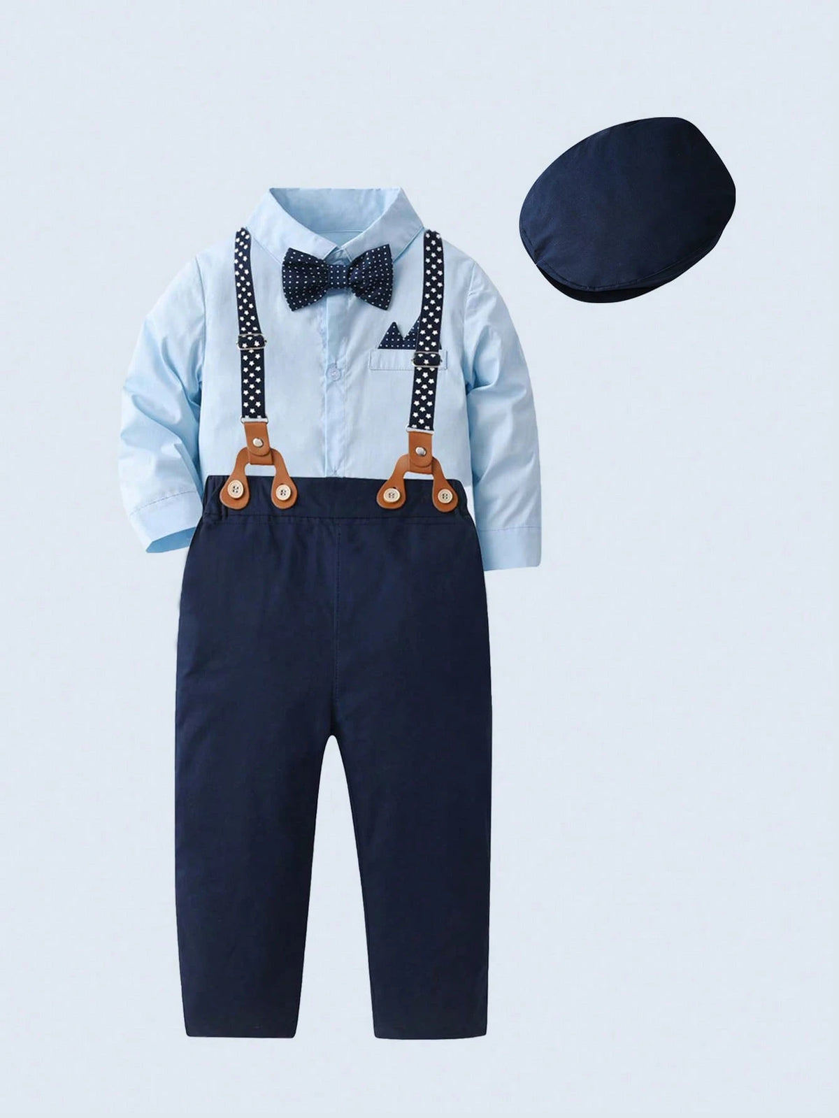 Baby Boy Polka Dot Shirt Overalls Bow Tie Hat 3 Piece Set