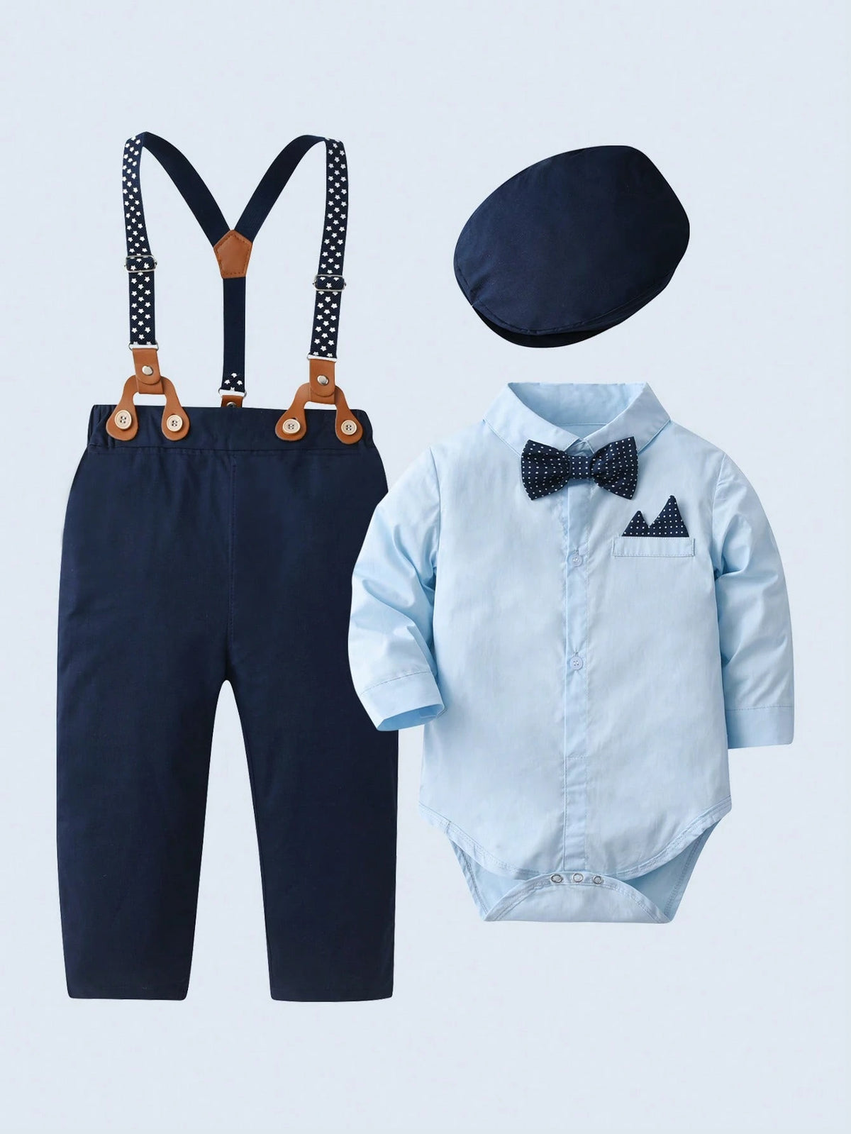 Baby Boy Polka Dot Shirt Overalls Bow Tie Hat 3 Piece Set