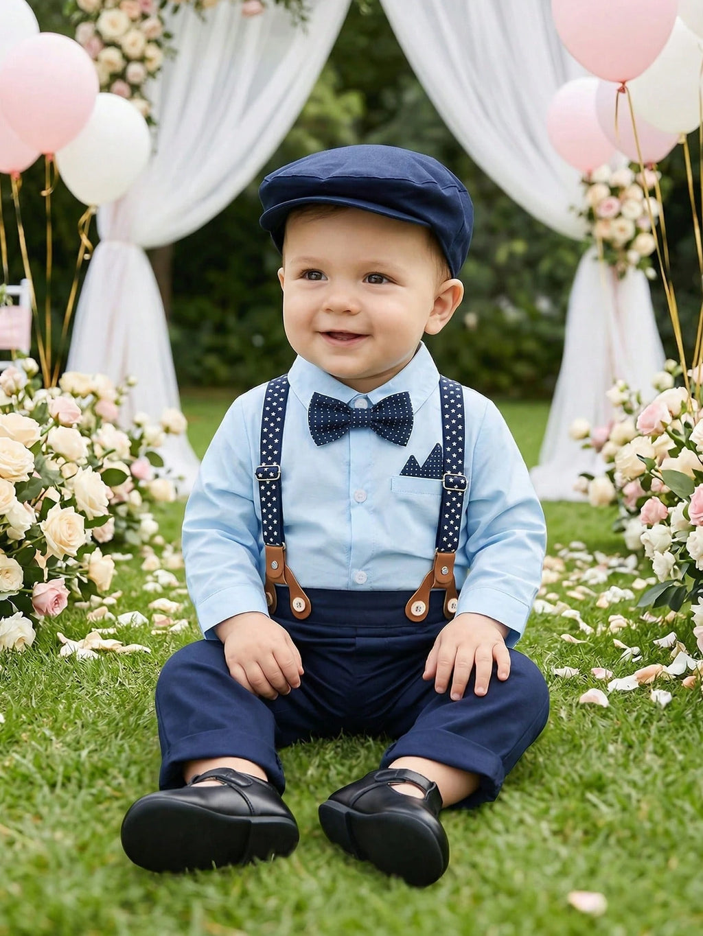 Baby Boy Polka Dot Shirt Overalls Bow Tie Hat 3 Piece Set