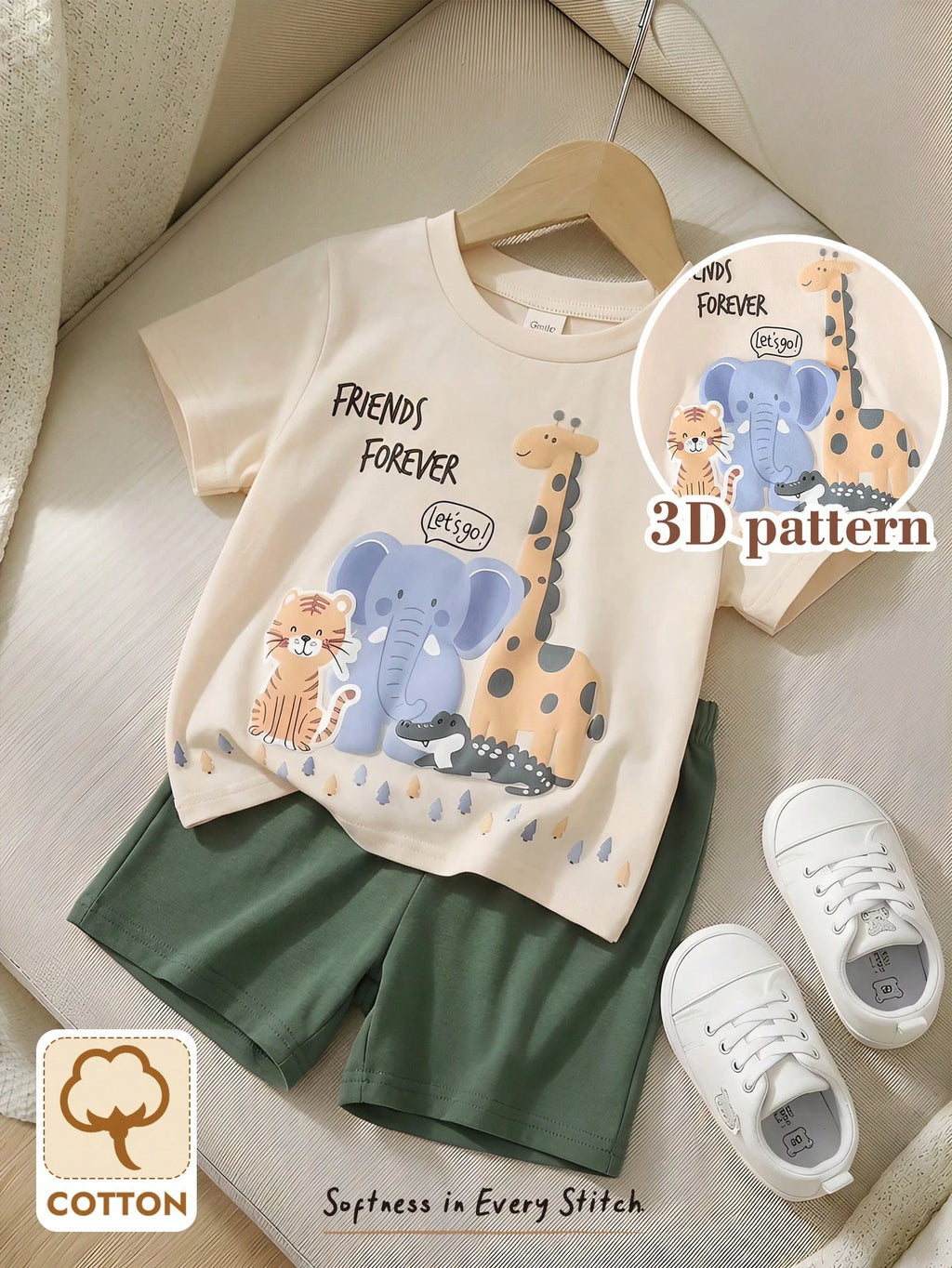 Ensemble deux pièces Bambinoo x Cozy Pixies pour bébé garçon, haut tricoté et short, motif dinosaure de dessin animé