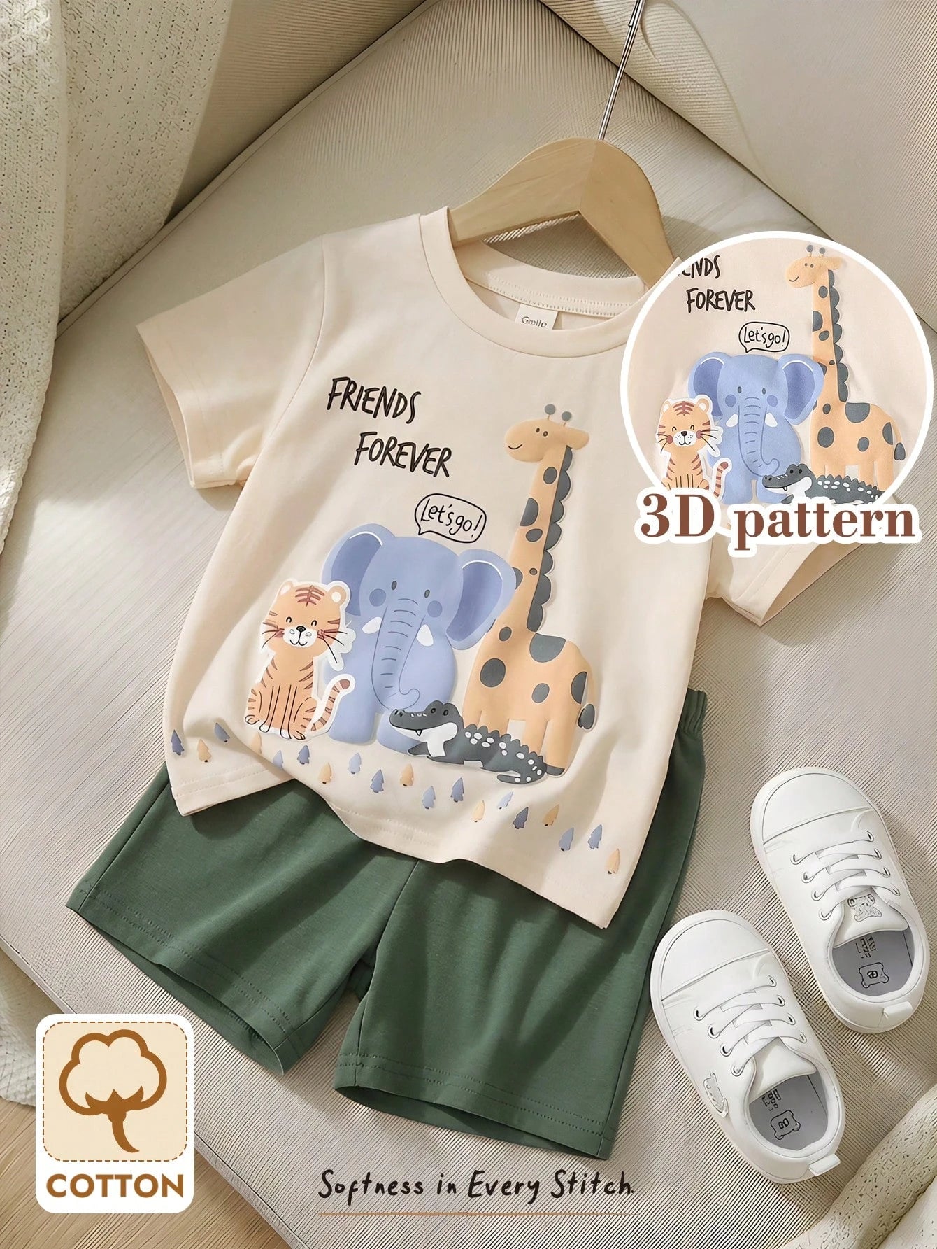 Ensemble deux pièces Bambinoo x Cozy Pixies pour bébé garçon, haut tricoté et short, motif dinosaure de dessin animé