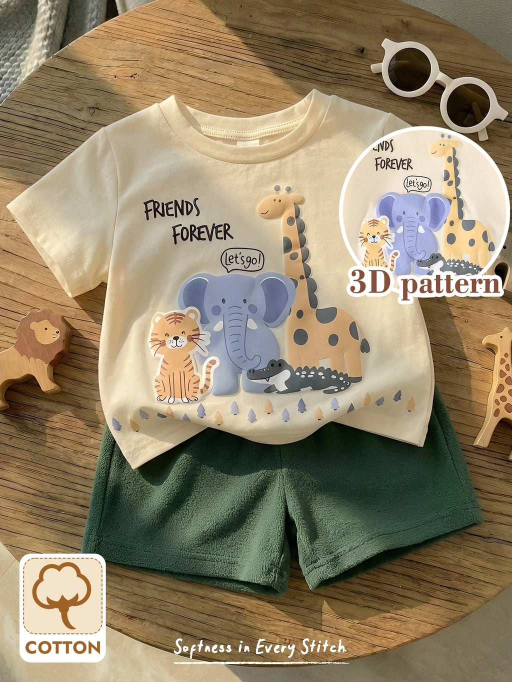 Ensemble deux pièces Bambinoo x Cozy Pixies pour bébé garçon, haut tricoté et short, motif dinosaure de dessin animé
