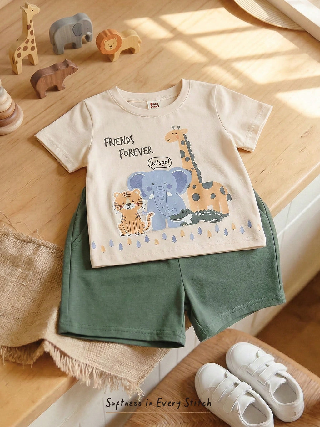 Ensemble deux pièces Bambinoo x Cozy Pixies pour bébé garçon, haut tricoté et short, motif dinosaure de dessin animé