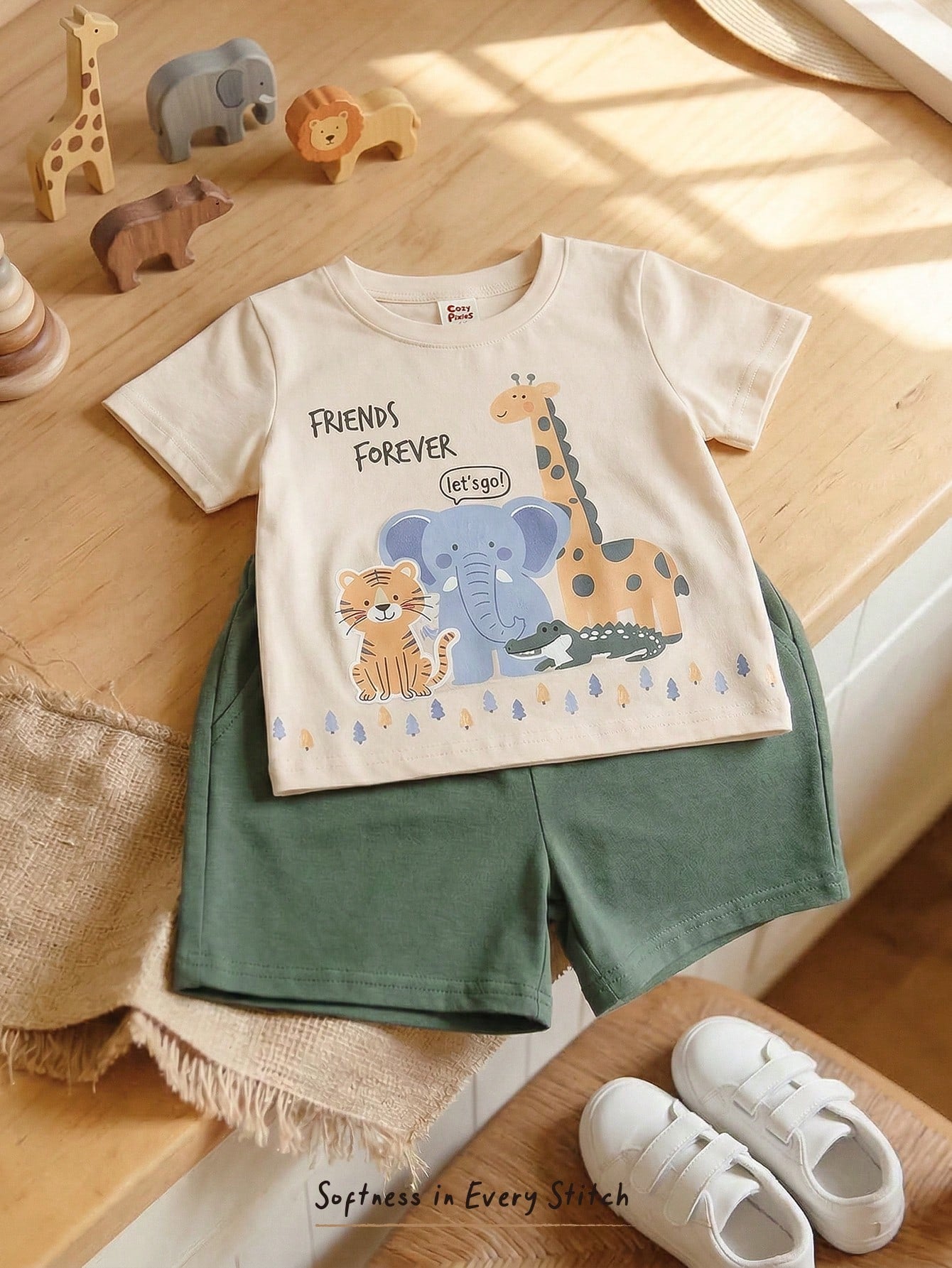 Ensemble deux pièces Bambinoo x Cozy Pixies pour bébé garçon, haut tricoté et short, motif dinosaure de dessin animé