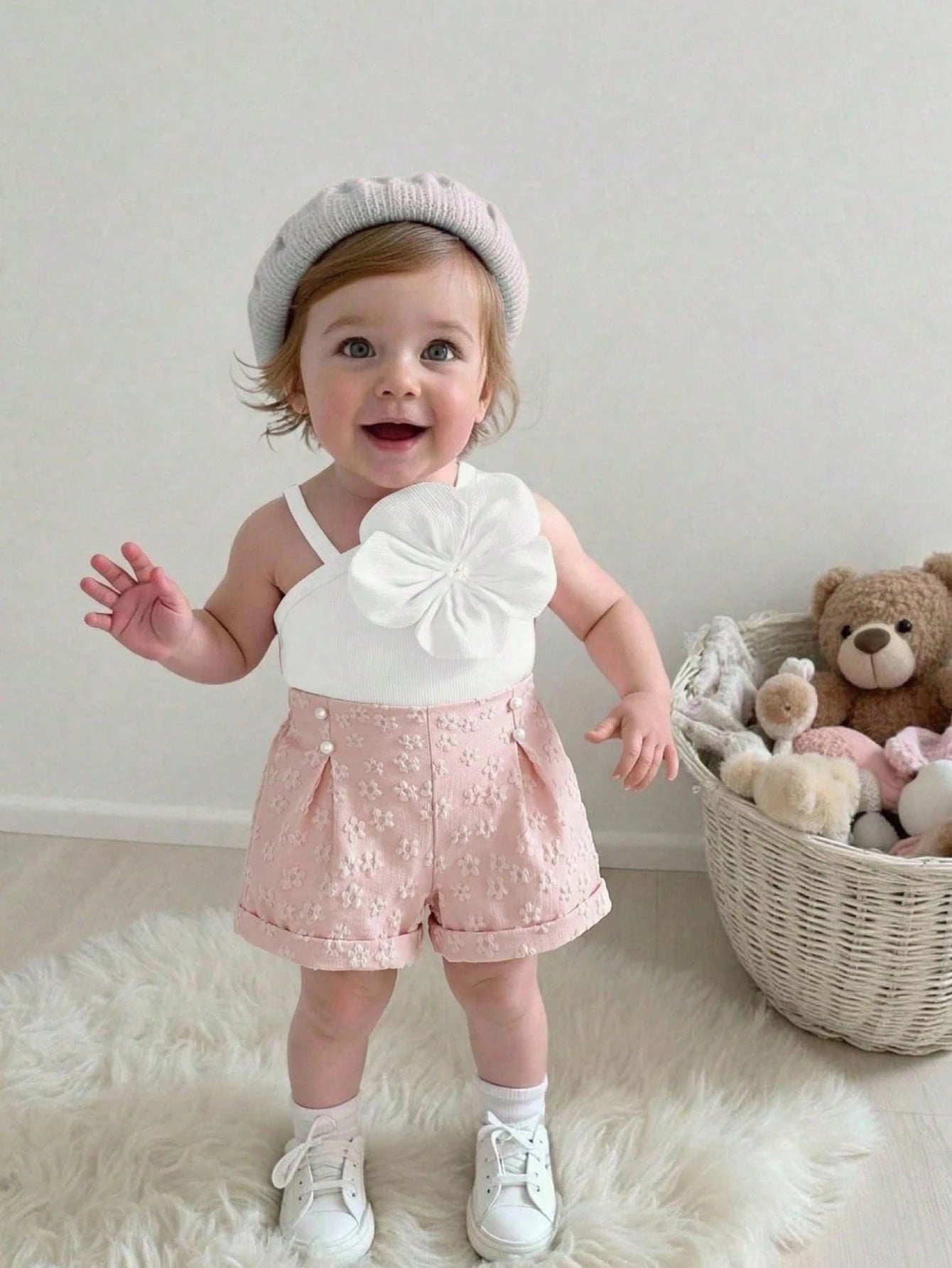 Ensemble deux pièces asymétrique fleuri rose et blanc pour bébé fille Souflis