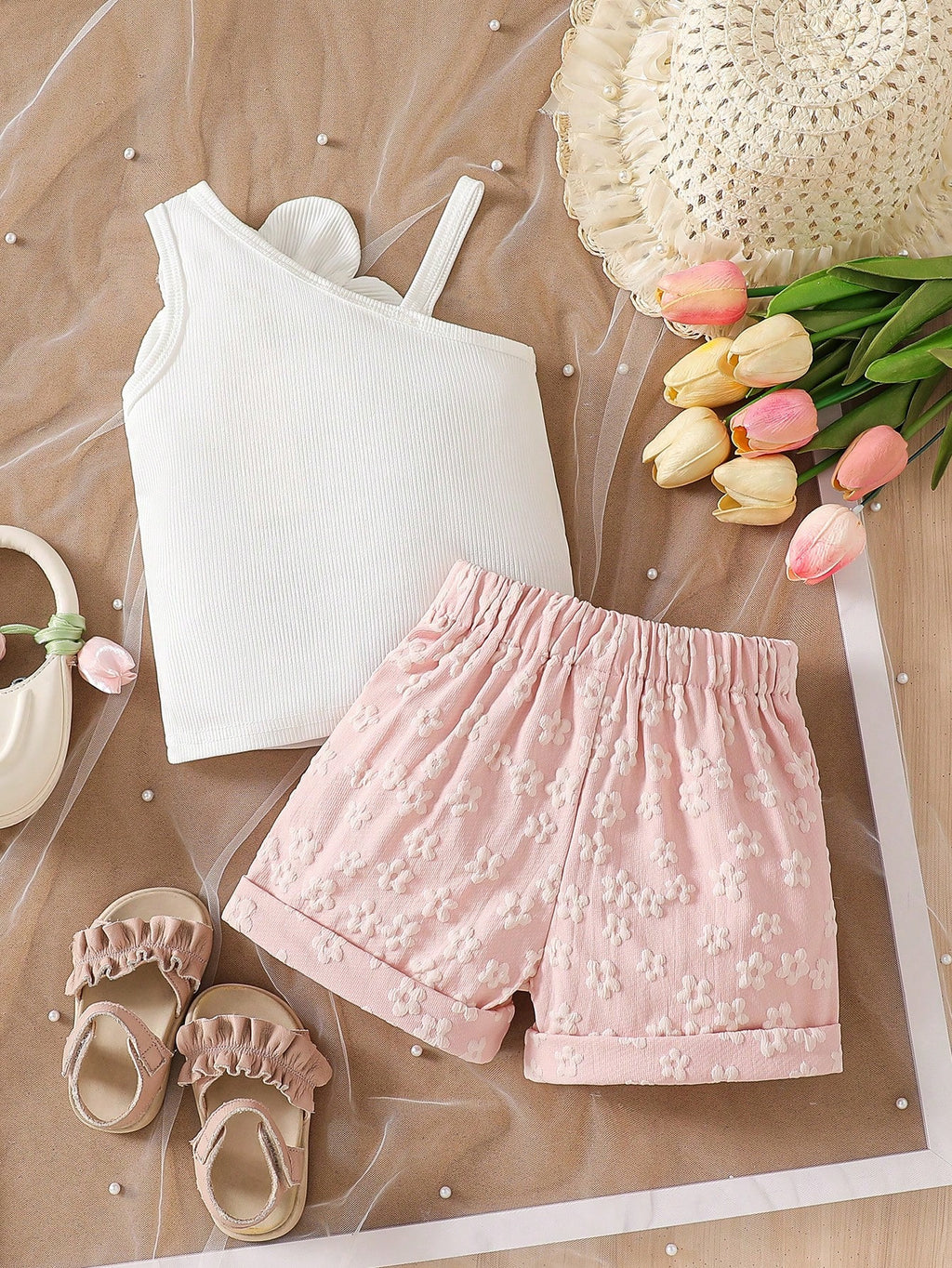 Ensemble deux pièces asymétrique fleuri rose et blanc pour bébé fille Souflis