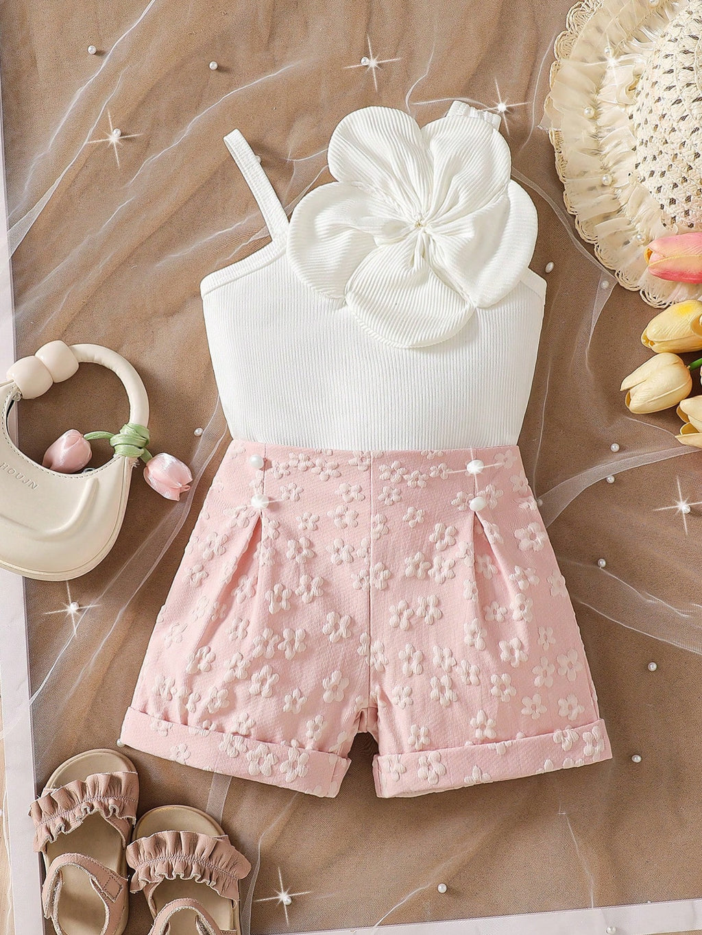 Ensemble deux pièces asymétrique fleuri rose et blanc pour bébé fille Souflis