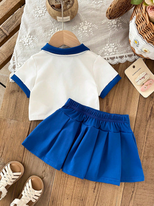 Baby Girl 2-Piece Blue & White Polo Shirt & Pleated Skirt Set Blue